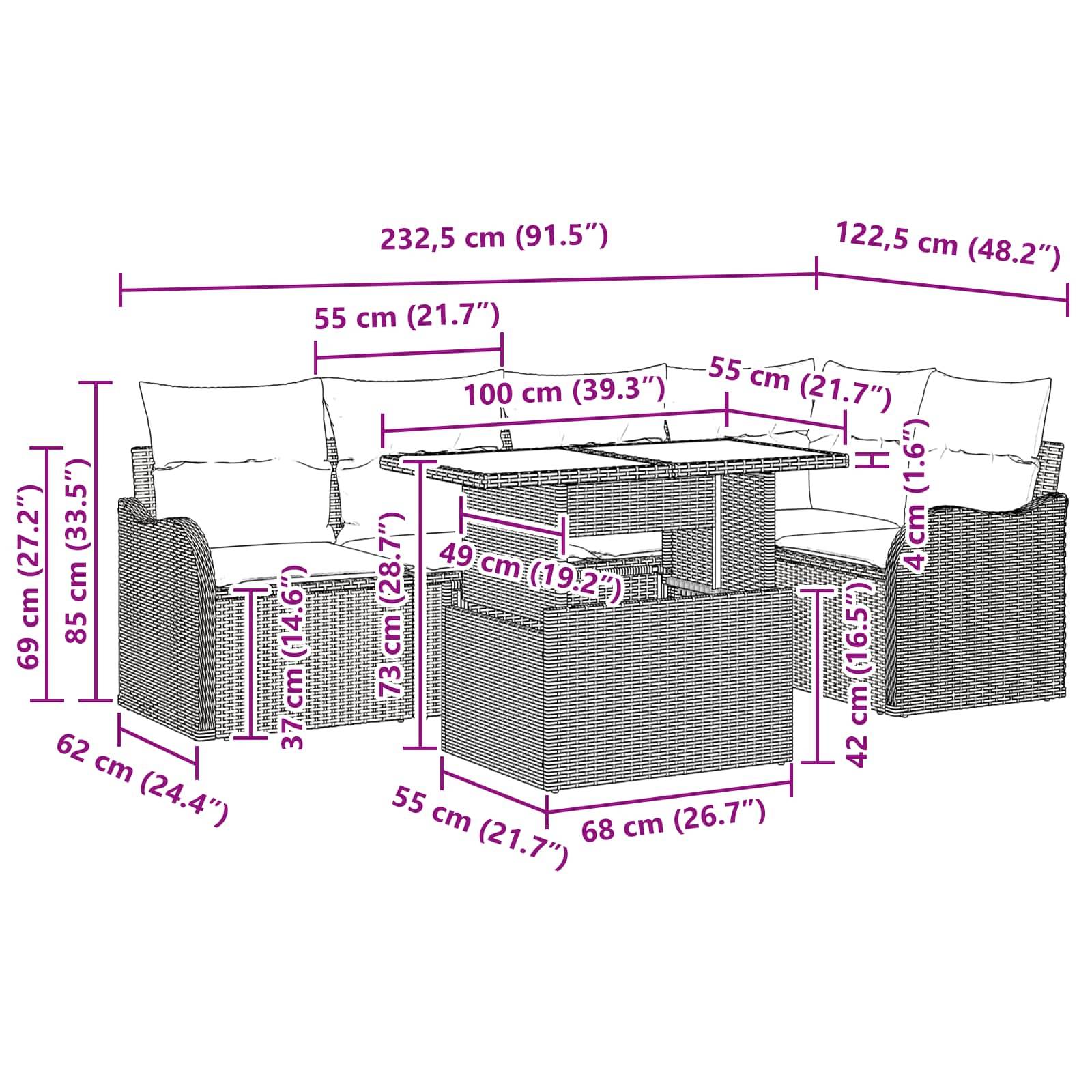 Maßstabgerechtes Diagramm eines Terrassensitzgruppen-Sets: zwei Sessel, eine Zweierbank, ein Fußhocker und ein Lifttisch mit Abmessungen in cm und Zoll.