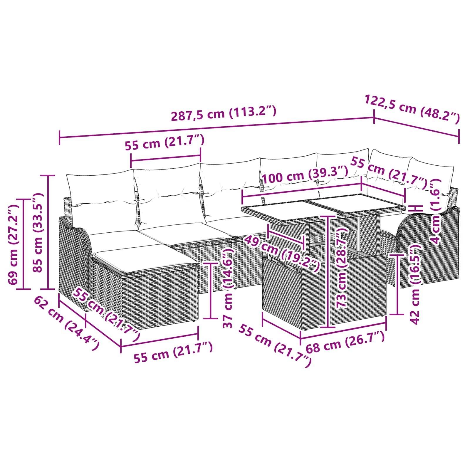 Kommentiertes Diagramm eines L-förmigen Garten-Ecksofa mit Tisch, das Gesamtabmessungen sowie Sitz-, Armlehnen- und Tischmessungen in Zentimetern und Zoll zeigt.