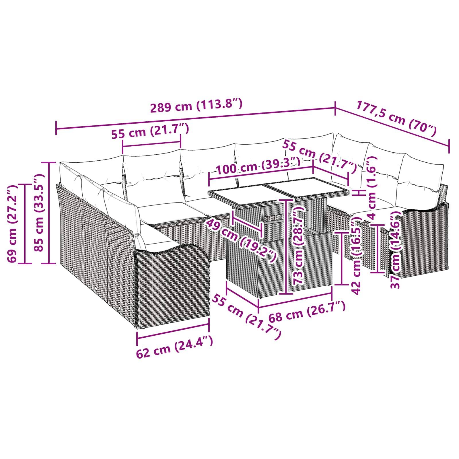 Diagramm eines L-förmigen Outdoor-Sitzsofas mit Tisch, mit Möbelmessungen in Zentimetern und Zoll dargestellt.