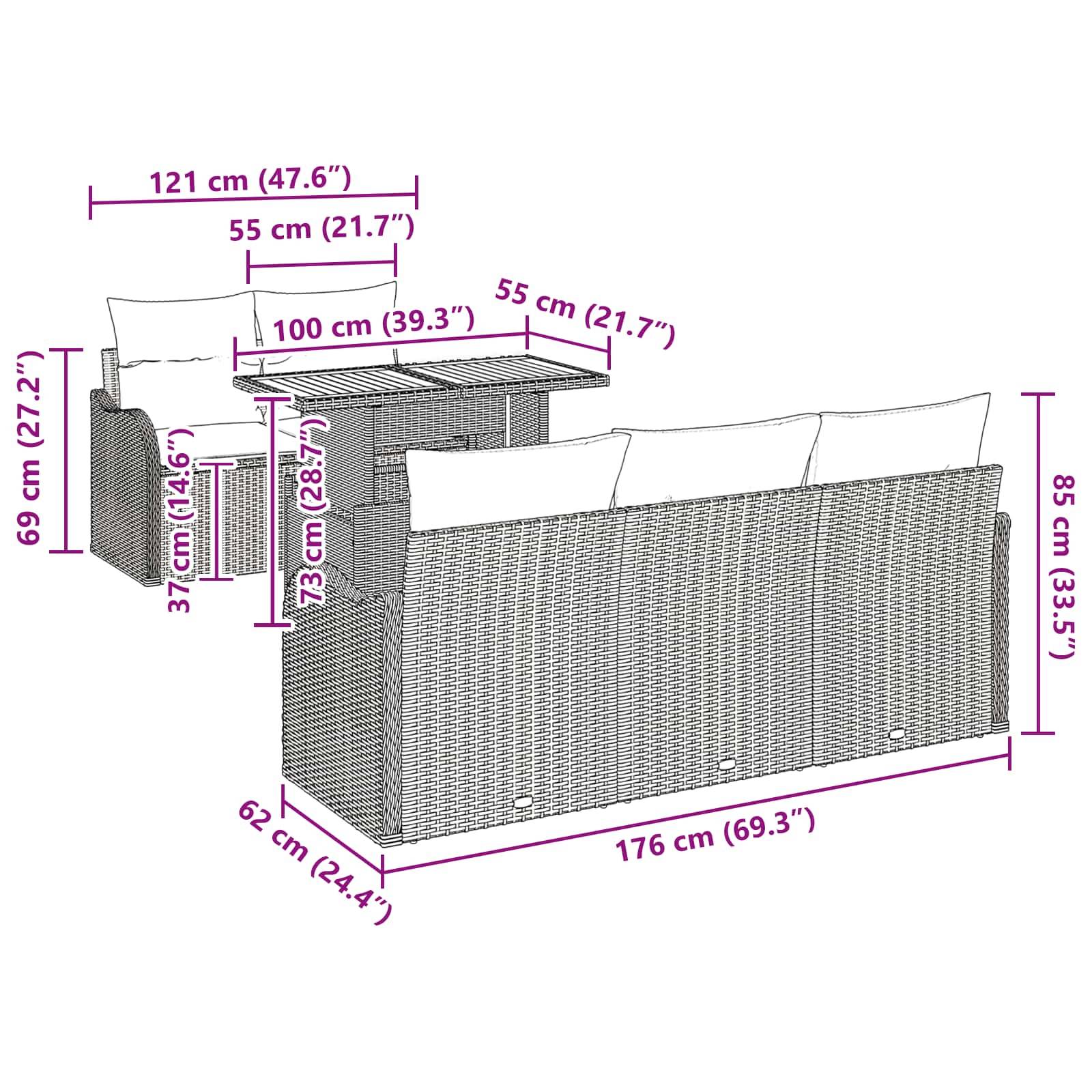 Maßstabgerechte Zeichnung eines Korb-Gartenmöbelsets mit Tisch und Stühlen, mit folgenden Abmessungen: Tisch 121 x 55 x 73 cm, Stuhl 85 x 62 x 69 cm, Sitzhöhe 37 cm.