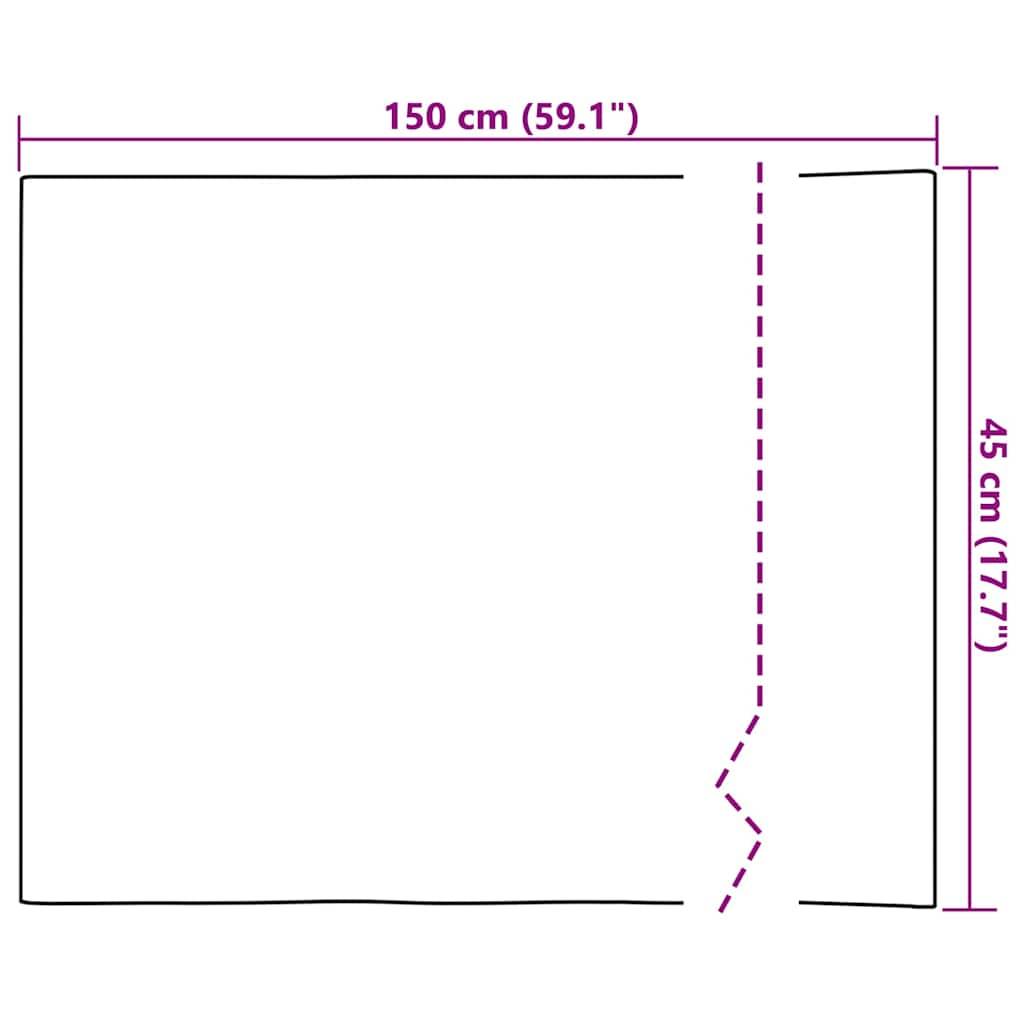 Diagramm eines rechteckigen Stoffstücks, 150 cm breit und 45 cm hoch, mit einer gestrichelten vertikalen Schnittlinie nahe der rechten Seite und einer Kerbe am unteren Ende.