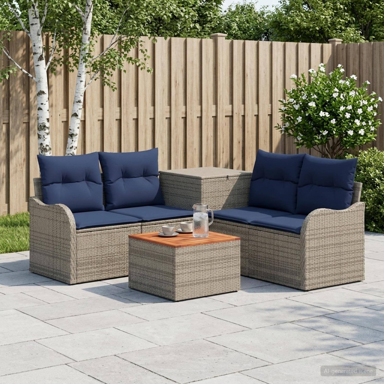 Outdoor-Terrassenmöbelset mit zwei Korb-Liebesitzen, blauen Kissen und passendem Couchtisch auf einer gepflasterten Hinterhof-Terrasse mit Holzzaun und Sträuchern.