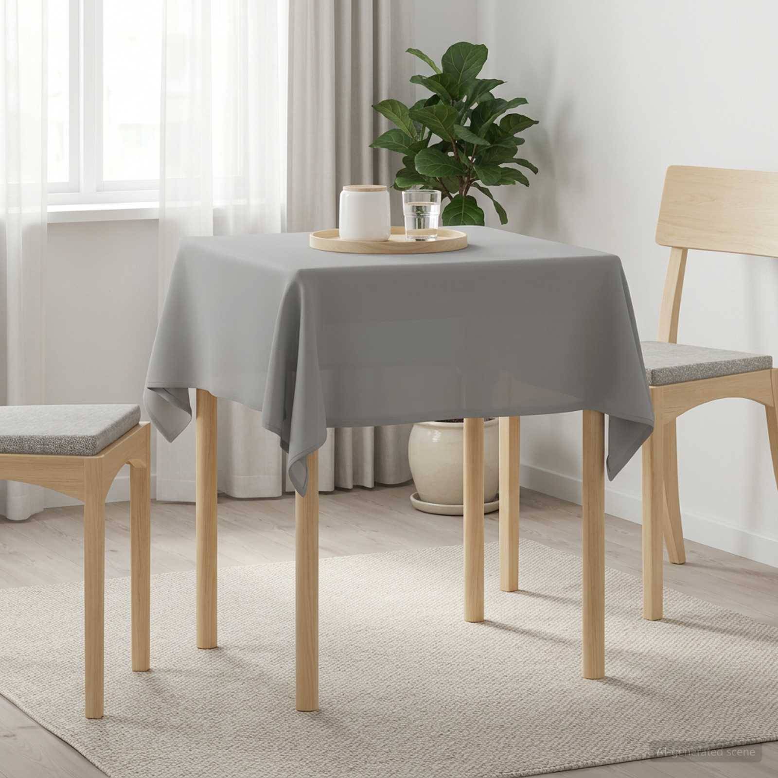 Kleiner Esstisch mit grauem Tischtuch, Tablett und Pflanze, flankiert von zwei hellholzfarbenen Stühlen in einem hellen, minimalistischen Raum.