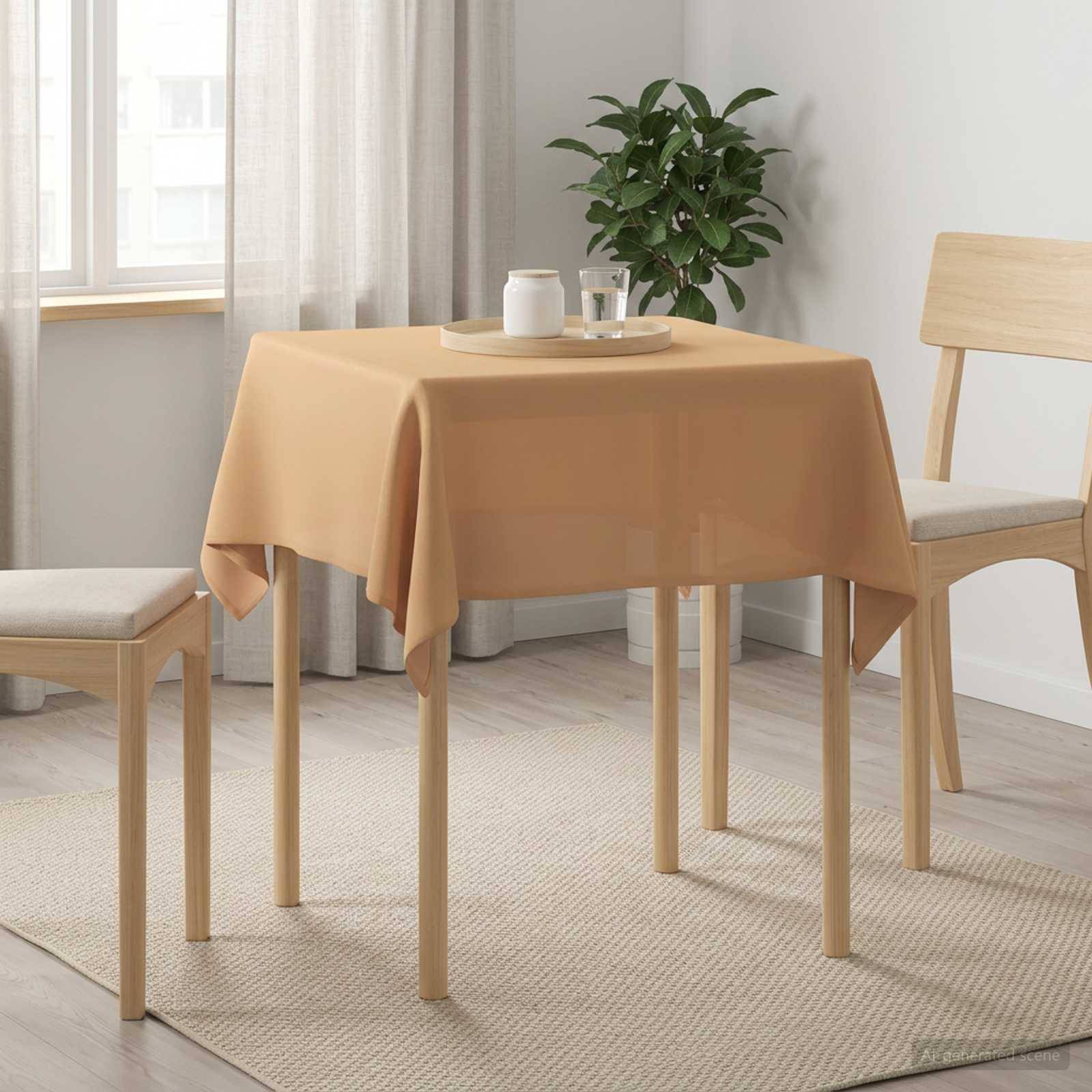 Kleiner Esstisch mit einer beigen Tischdecke in einem hellen, minimalistischen Zimmer, flankiert von zwei Holzstühlen und einer Topfpflanze am Fenster.