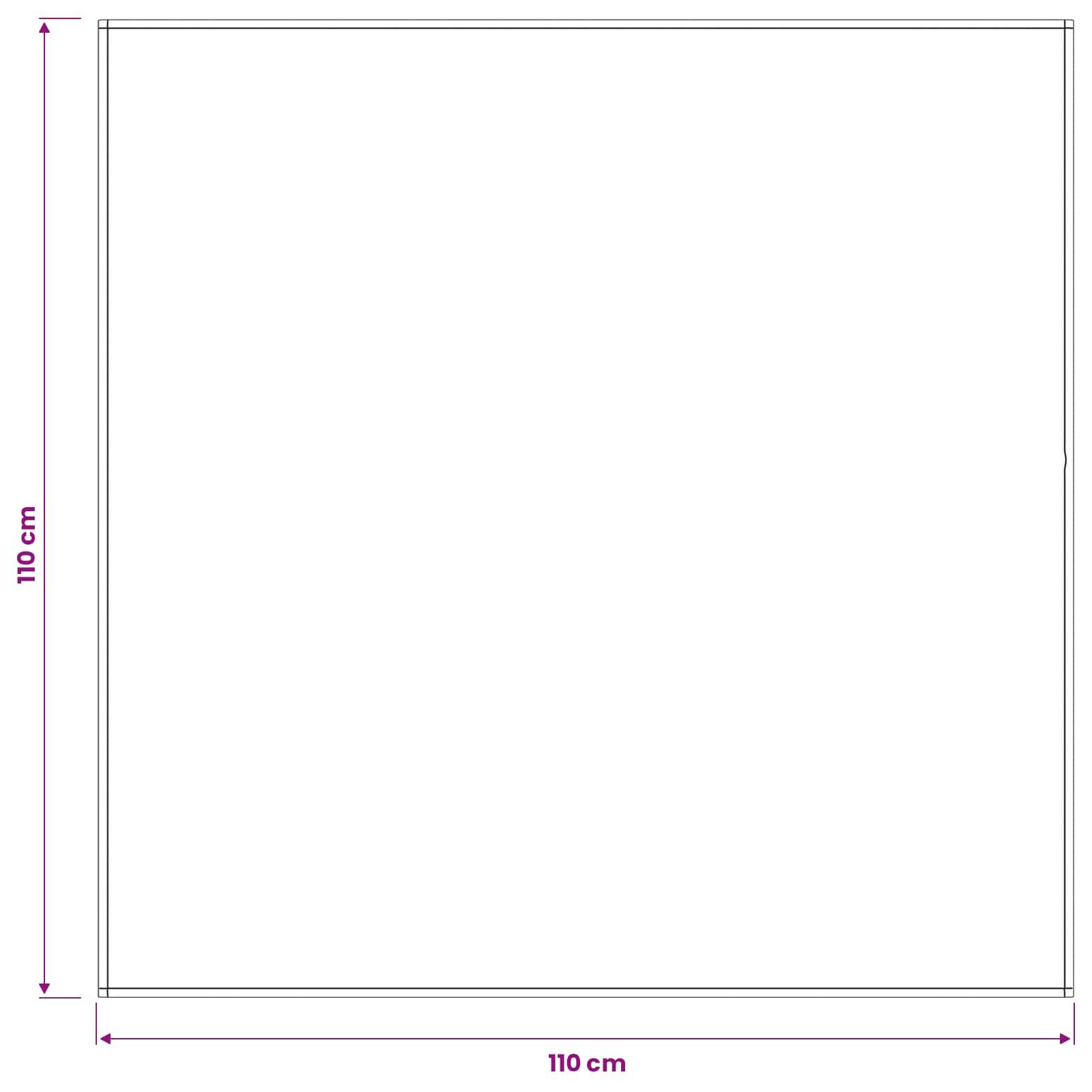 Quadratisches Paneldiagramm mit einer Höhe von 110 cm und einer Breite von 110 cm, das eine Fläche von 110 cm x 110 cm zeigt.