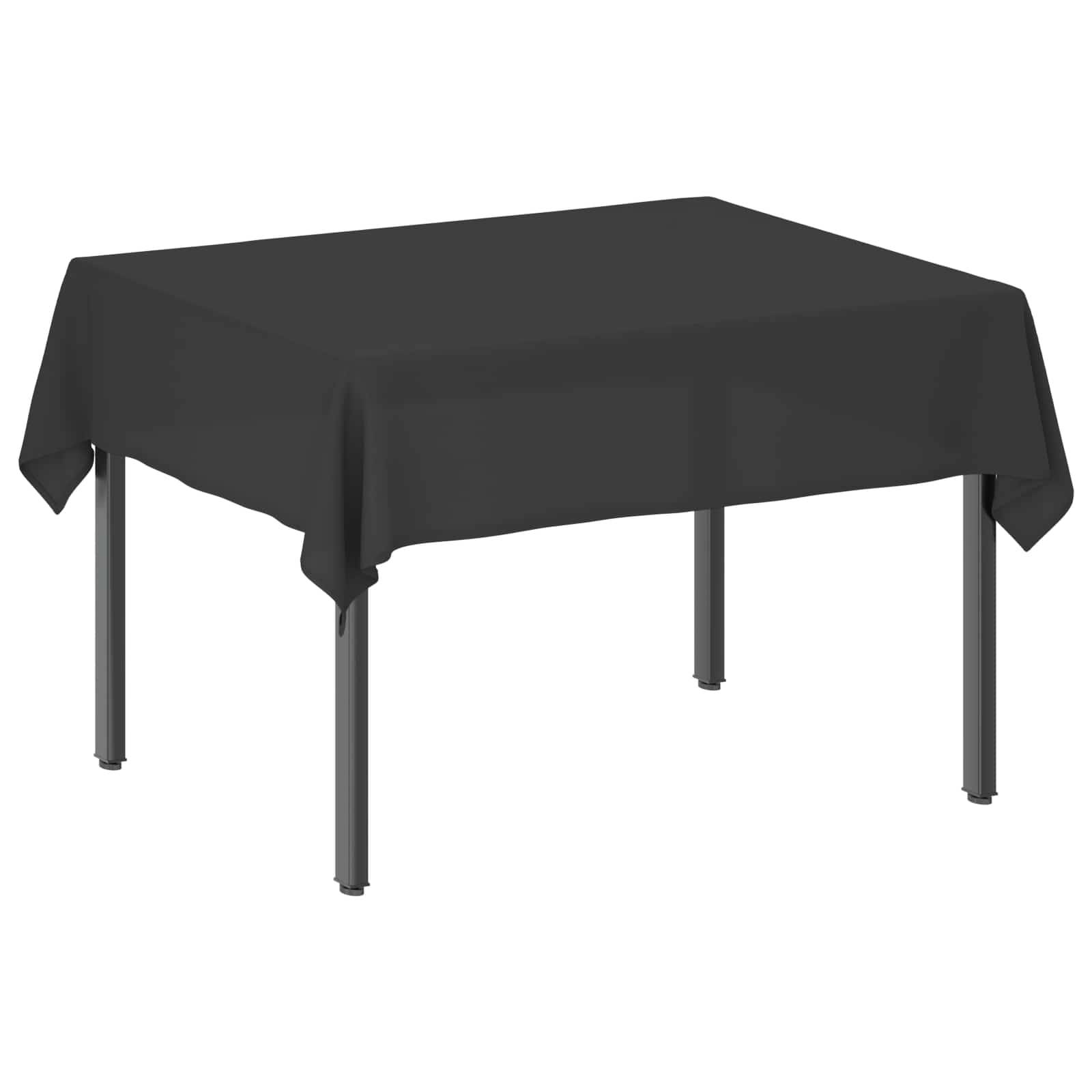 Ein rechteckiger Tisch, der mit einer schwarzen Tischdecke bedeckt ist und zeigt die Tischplatte, die über die Kanten drapiert ist.