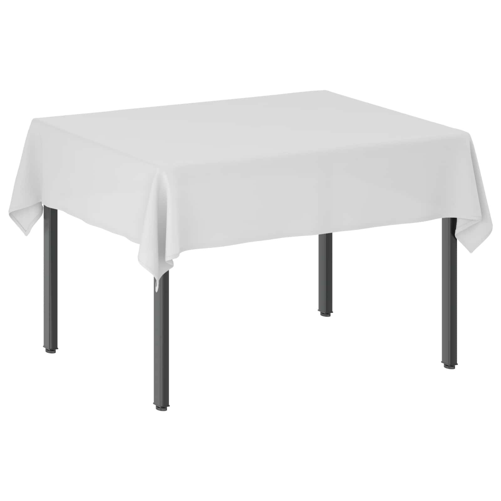 Ein rechteckiger Tisch, der mit einer weißen Tischdecke bedeckt ist und nur die drapierte Tischplatte und vier dunkle Beine zeigt.