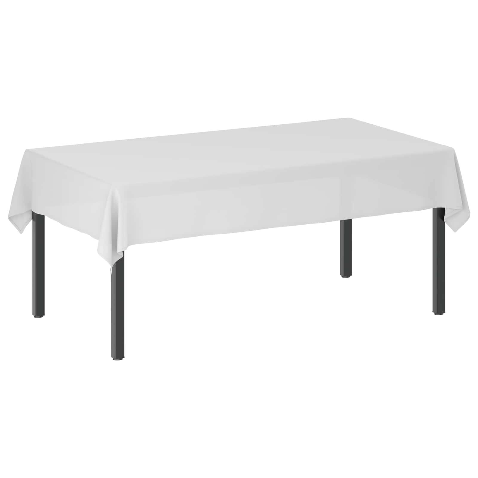 Rechteckiger Tisch mit weißer Tischdecke, gezeigt vor einem einfachen weißen Hintergrund.