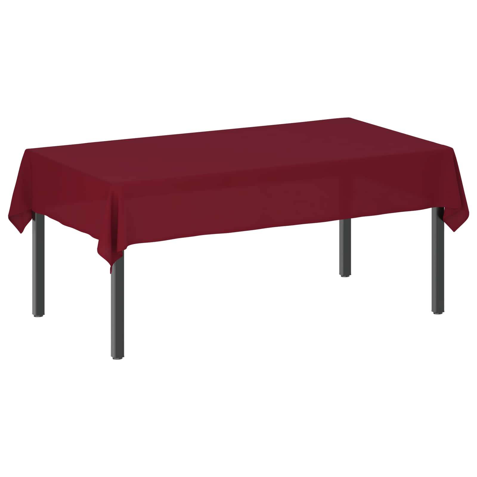 Ein rechteckiger Tisch mit einer dunkelroten Tischdecke, auf dem nur der Tisch und seine vier Beine zu sehen sind.