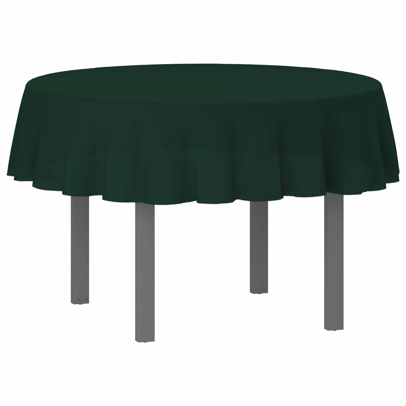 Runder Tisch mit dunkelgrüner Tischdecke, vier graue Beine gegen weißen Hintergrund.