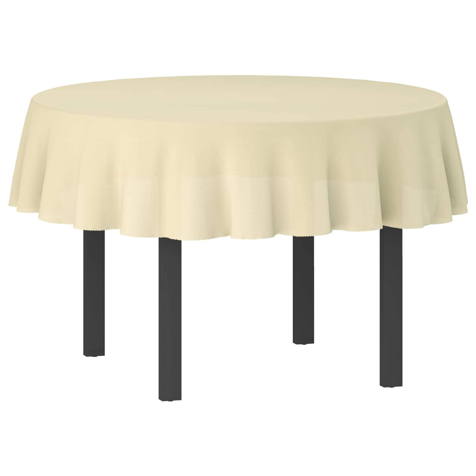 Runder Tisch mit einer beigen Tischdecke und dunklen Beinen, dargestellt vor einem schlichten weißen Hintergrund.