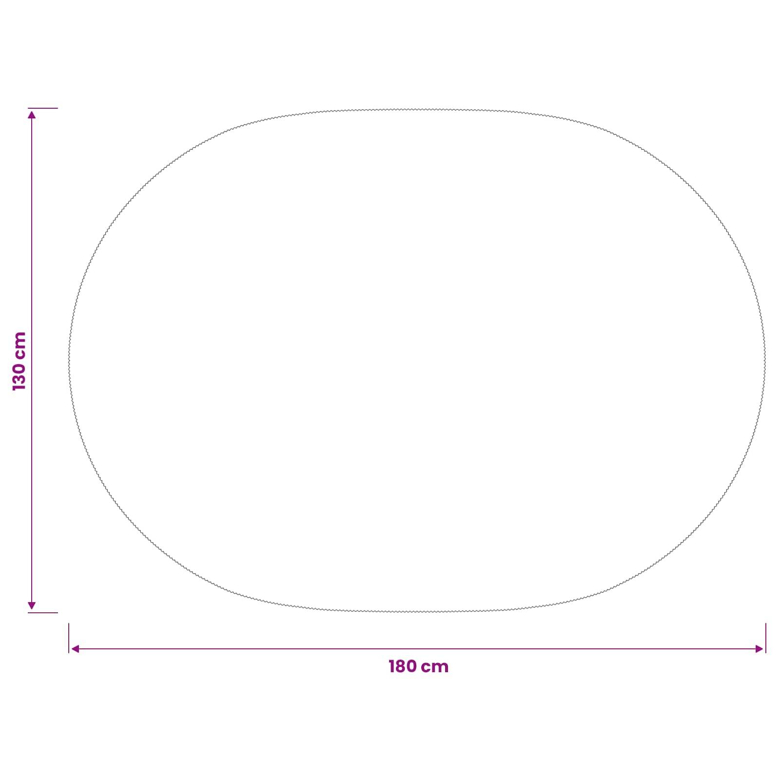 Oval-Diagramm mit Abmessungen: 180 cm breit und 130 cm hoch.