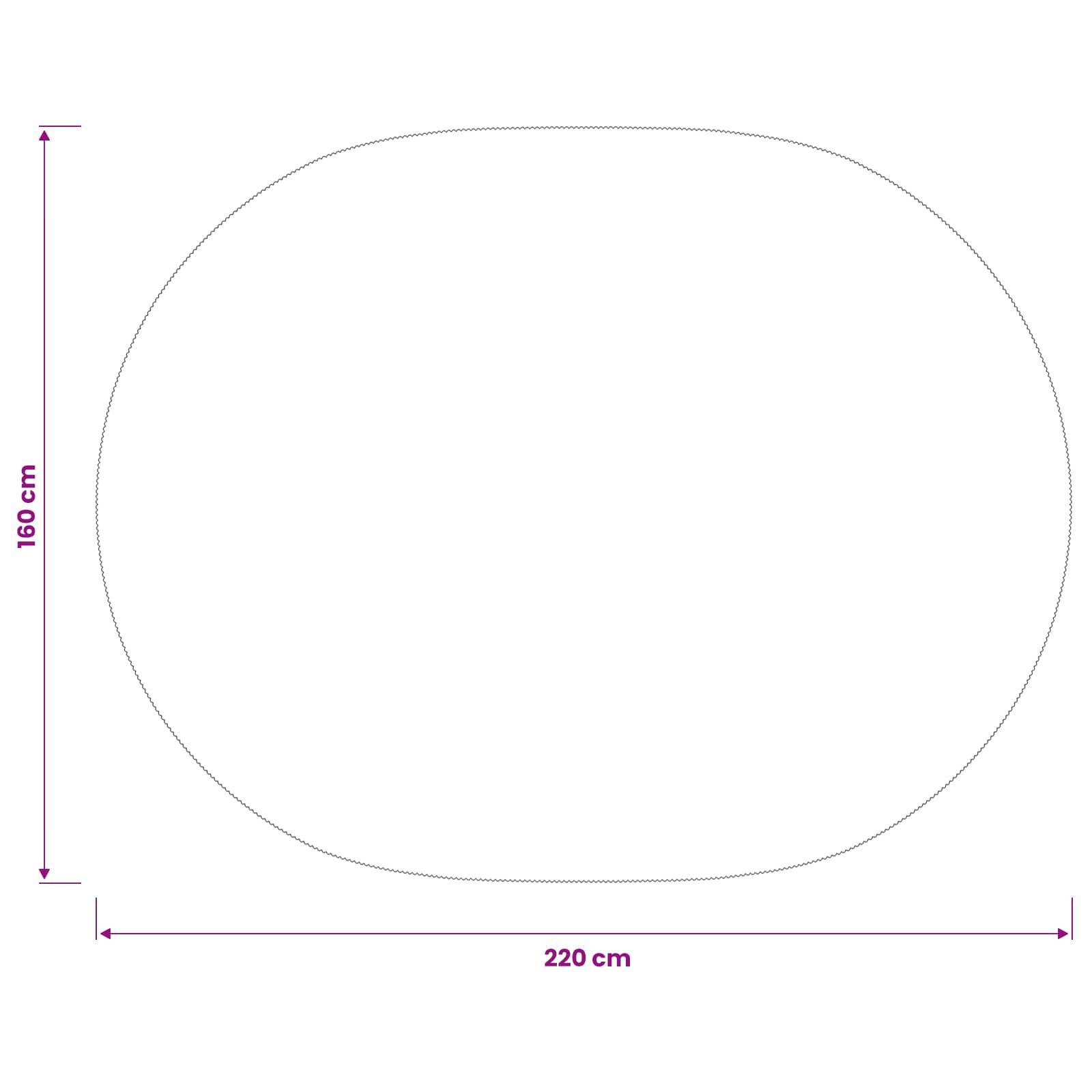 Abgerundete rechteckige Form, Diagramm mit einer Breite von 220 cm und einer Höhe von 160 cm gekennzeichnet.