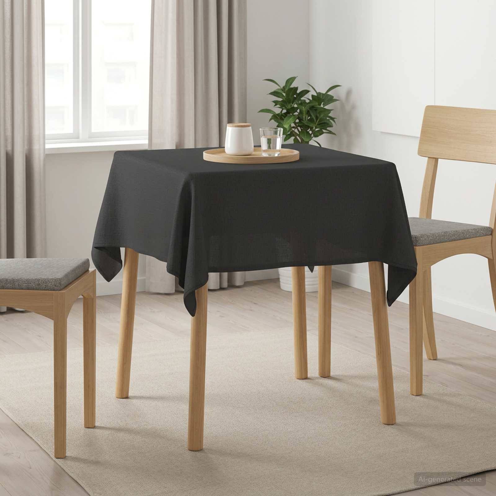 Ein kleiner Esstisch mit schwarzer Tischdecke und Tablett, flankiert von zwei Holzstühlen in einem hellen, minimalistischen Raum.