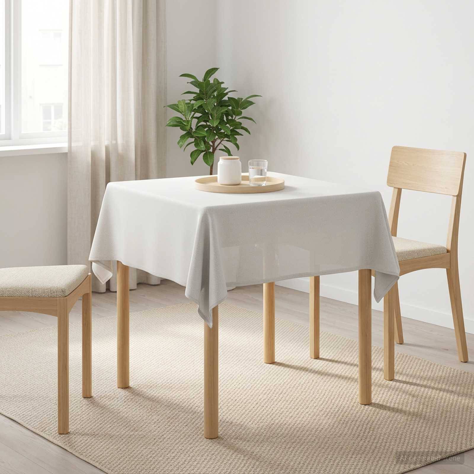 Minimalistischer Essbereich mit einem kleinen Tisch, der mit einem weißen Tuch bedeckt ist, zwei Holzstühlen, einer Pflanze und einem Tablett mit Tassen neben einem Fenster.