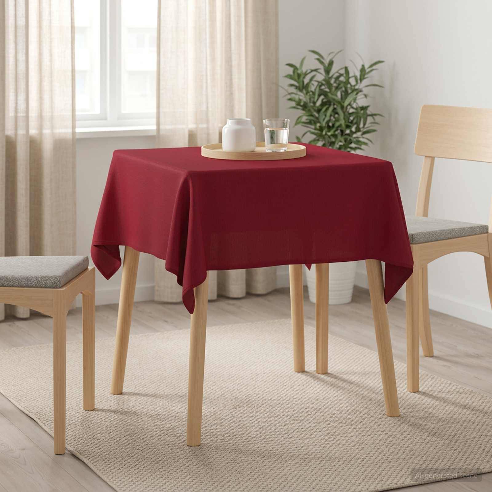 Kleiner Esstisch mit einer burgunderfarbenen Tischdecke, zwei Stühlen und ein Tablett mit einer Vase und Gläsern in einem hellen Raum.