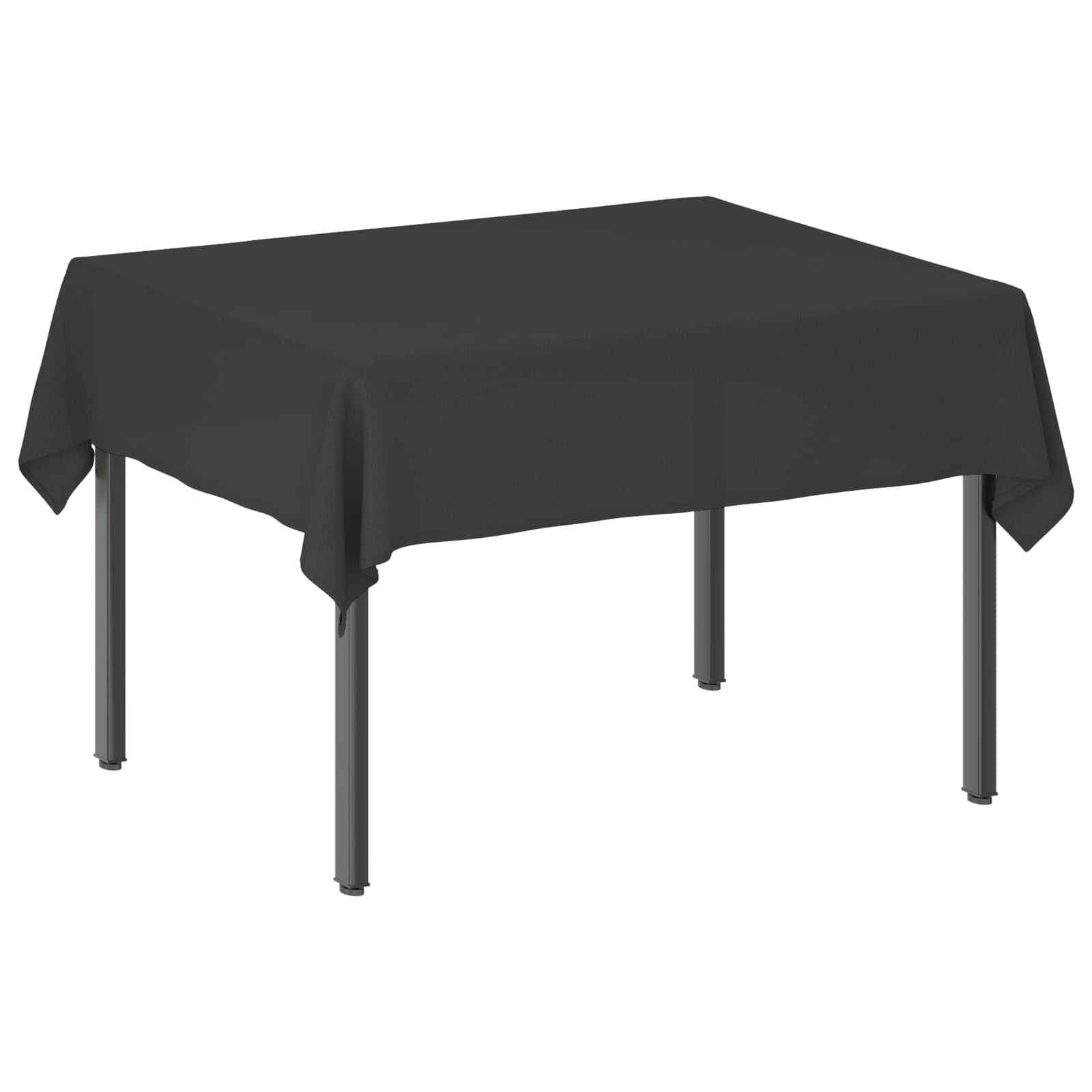 Schwarzer rechteckiger Tisch mit drapierter Tischdecke, auf weißem Hintergrund dargestellt.