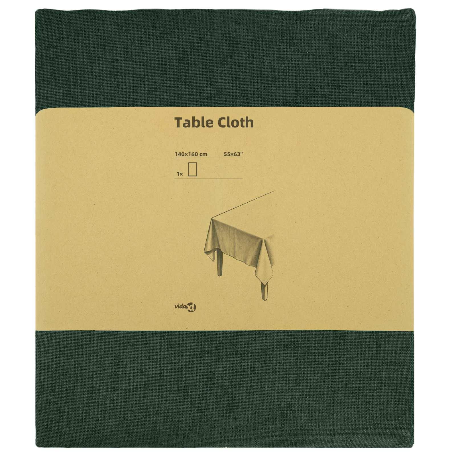 Verpackte grüne Tischdecke mit beigem Etikett, auf dem ein mit Stoff drapierter Tisch abgebildet ist, sowie der Text „Table Cloth