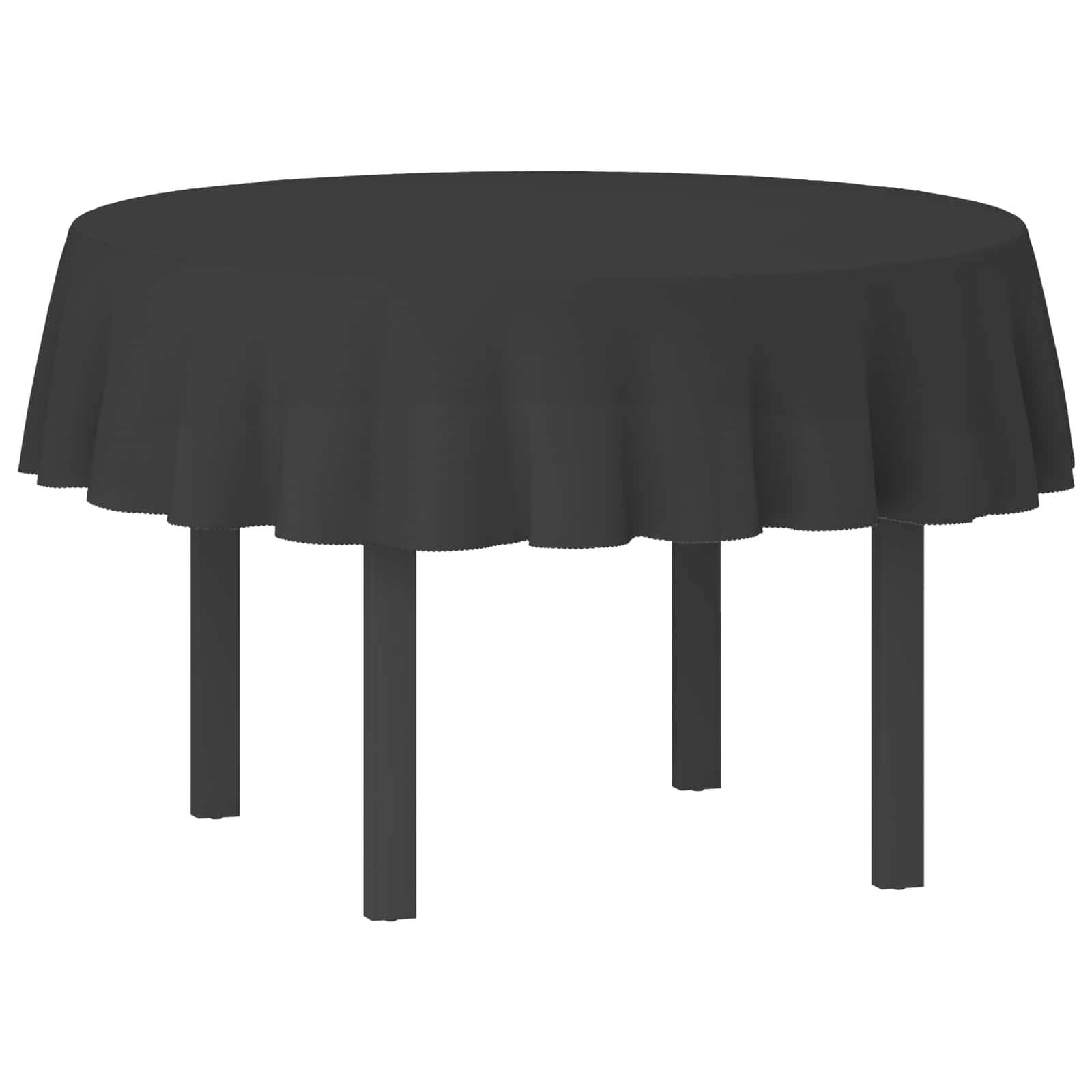 Ein runder Tisch mit einer schwarzen Tischdecke, auf dem nur die drapierte Oberfläche und vier sichtbare Beine zu sehen sind.