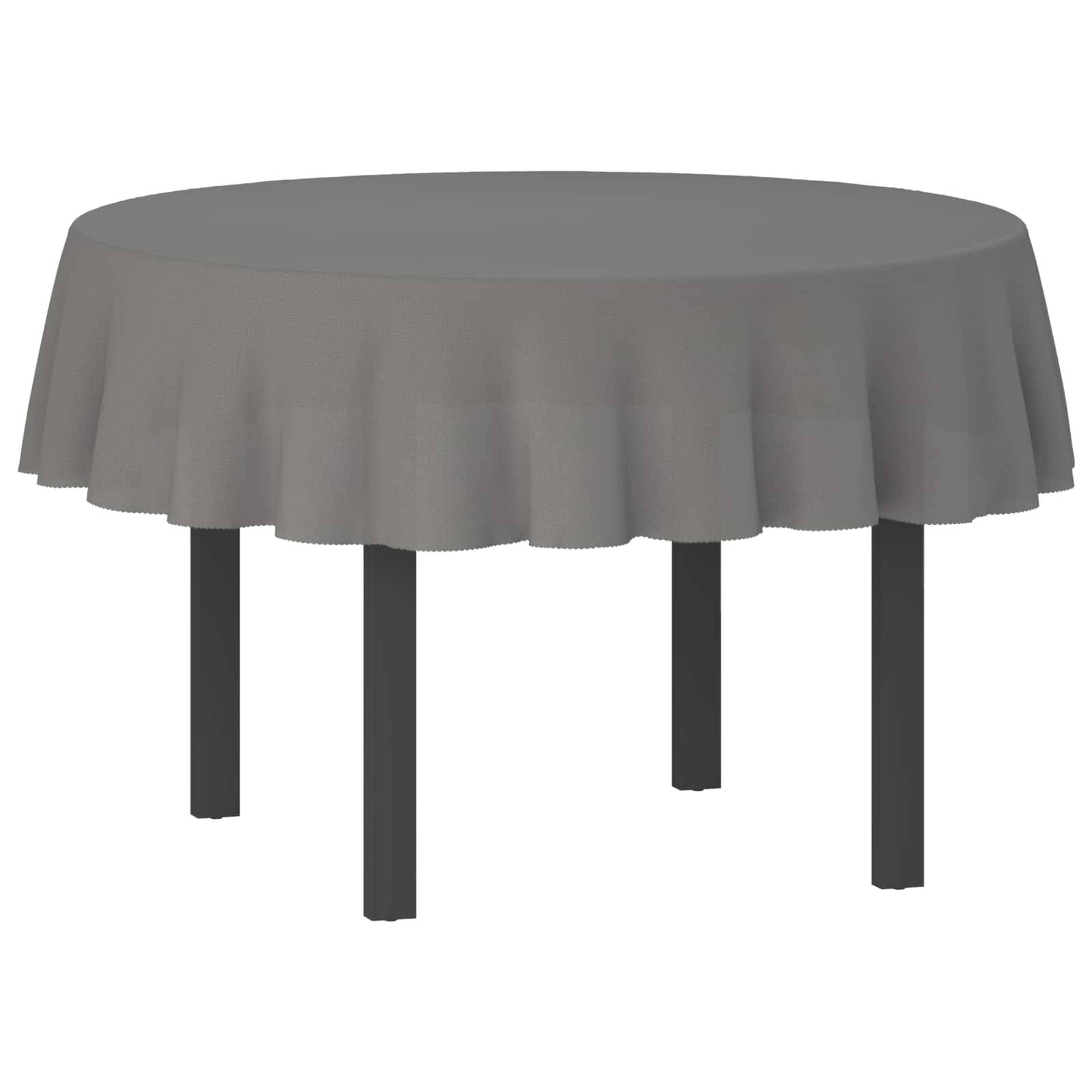 Runder Tisch mit grauer Tischdecke, vor weißem Hintergrund abgebildet.