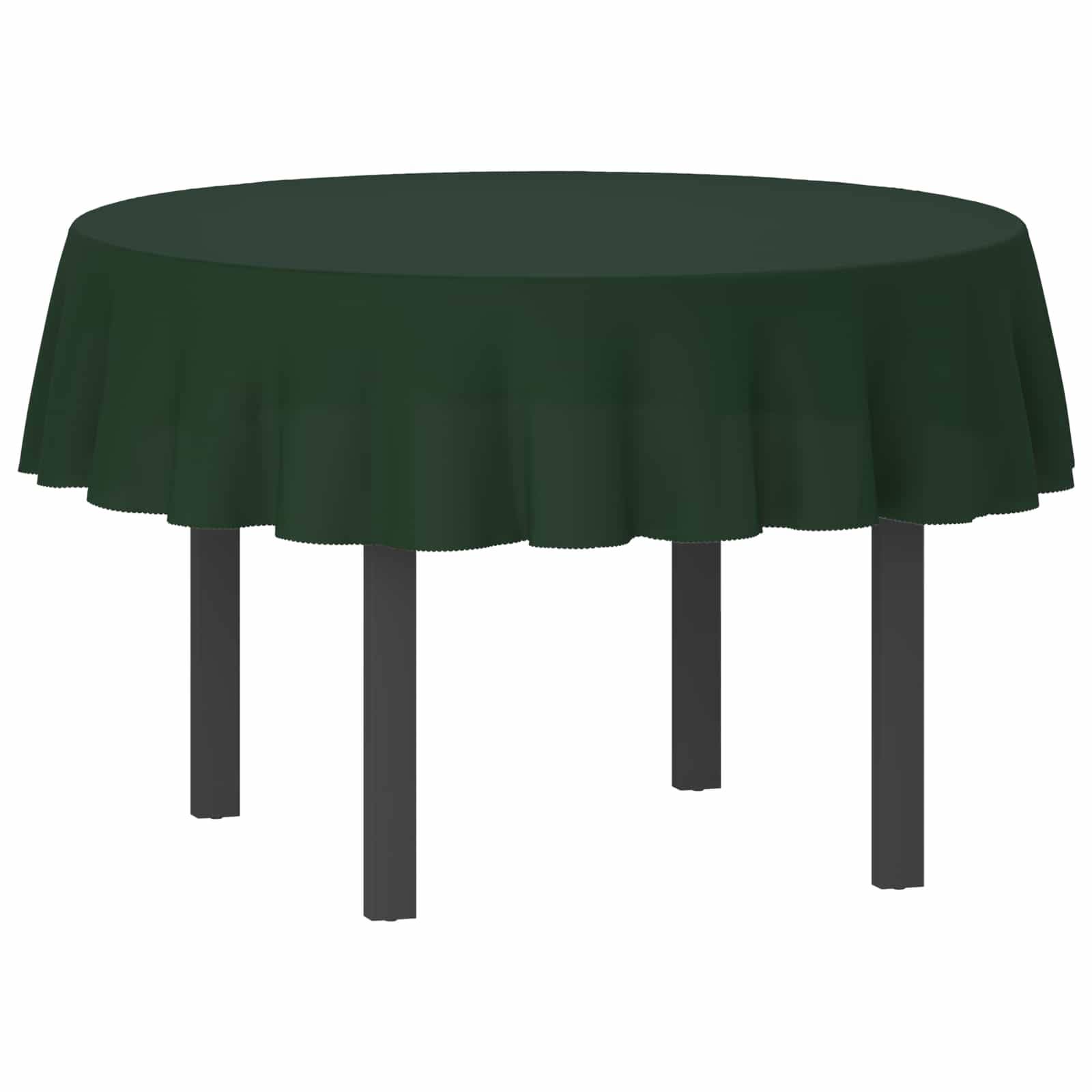 Runder Tisch mit dunkelgrüner Tischdecke, auf weißem Hintergrund dargestellt.