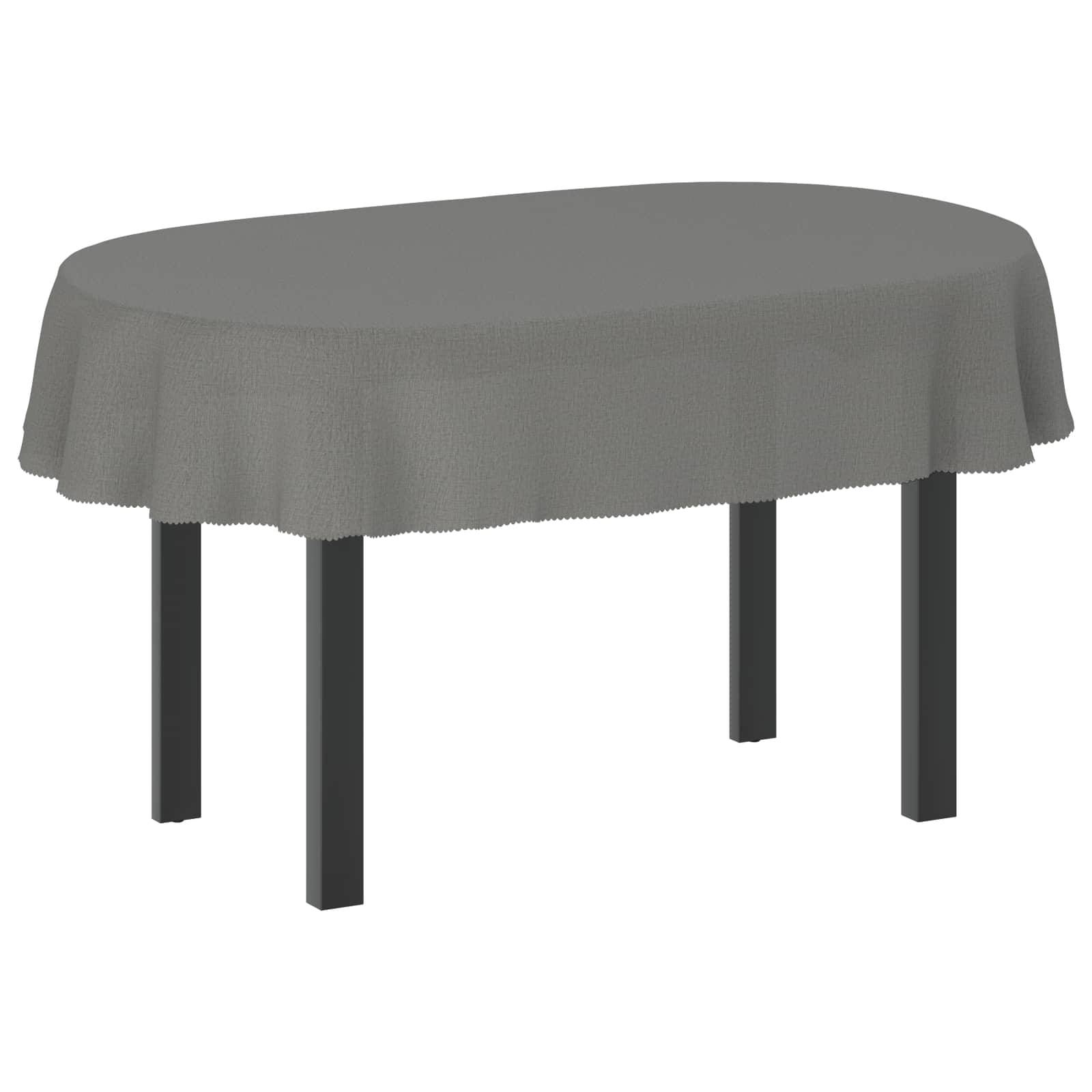 Ein ovaler Tisch mit einer grauen Tischdecke, gezeigt auf einem einfachen weißen Hintergrund.