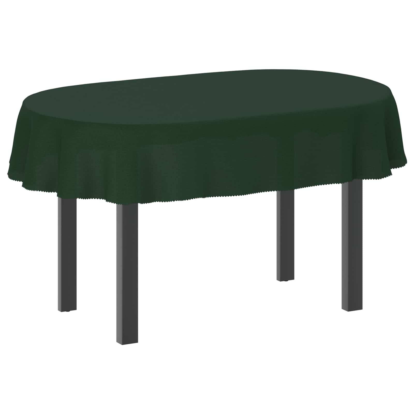 Ovaler Tisch mit dunkelgrüner Tischdecke auf weißem Hintergrund.