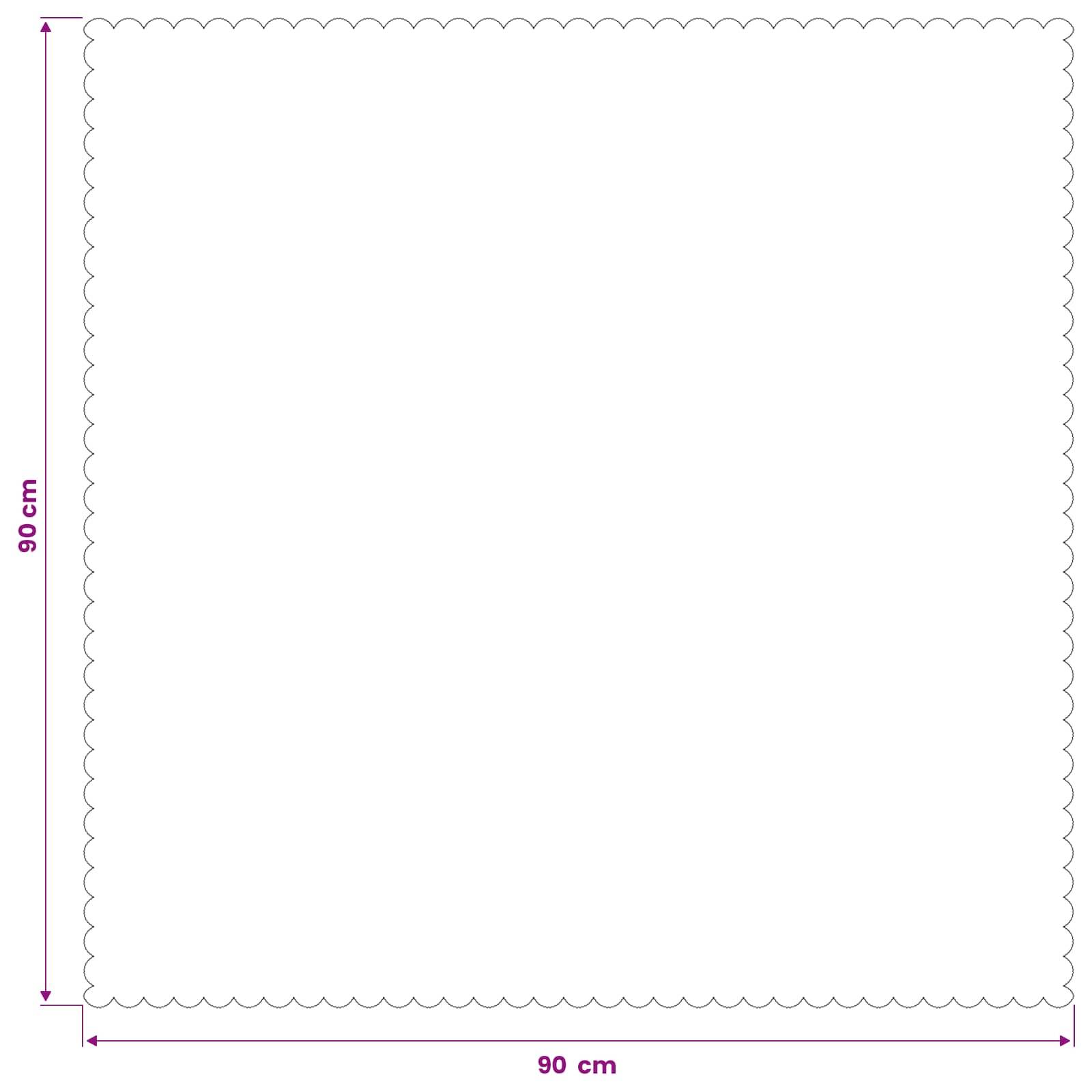 Quadratische Bordürenvorlage mit gewelltem Rand, beschriftet mit 90 cm mal 90 cm, auf weißem Hintergrund dargestellt.