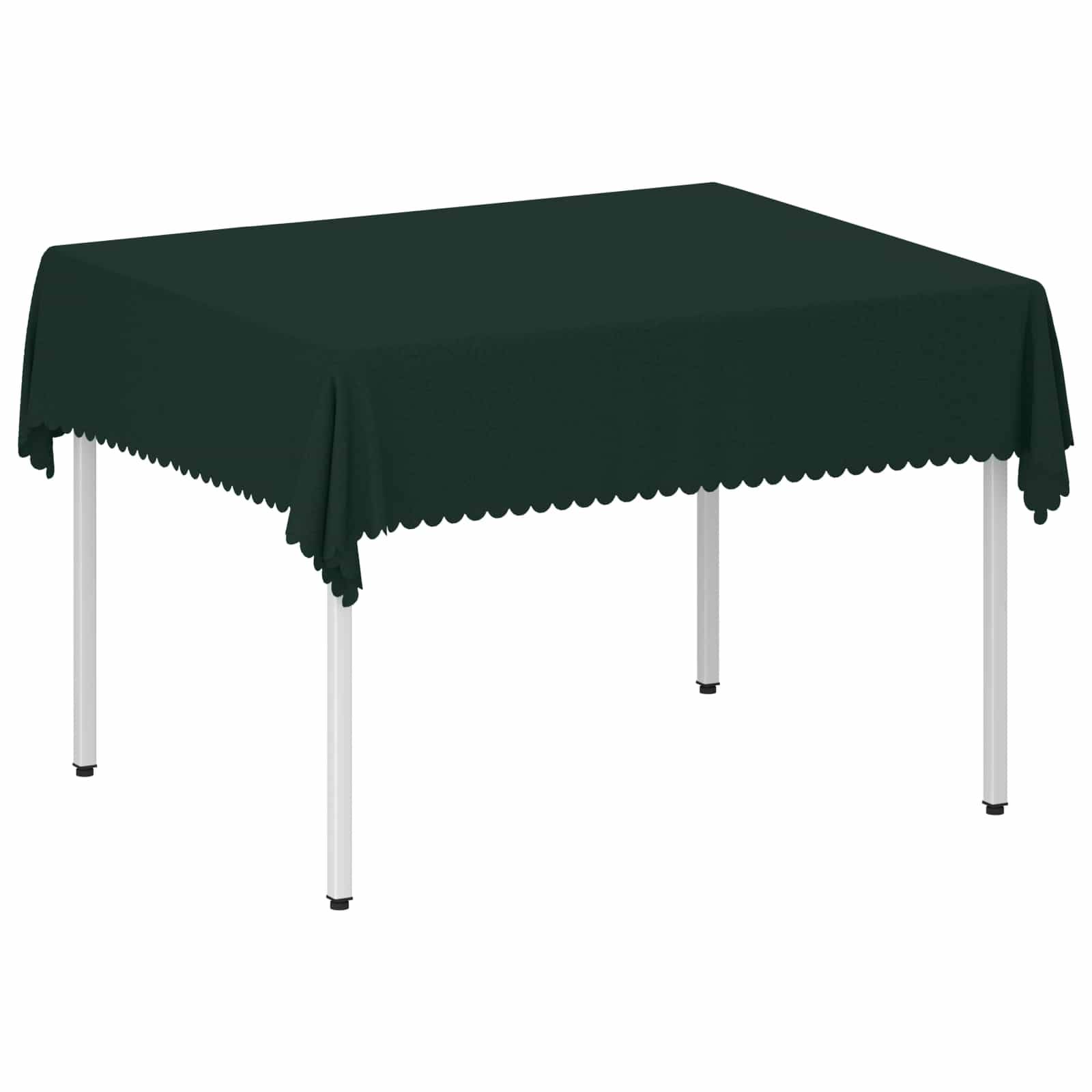 Ein rechteckiger Tisch, der mit einer dunkelgrünen Tischdecke mit wellenförmigen Kanten bedeckt ist, auf weißem Hintergrund gezeigt.