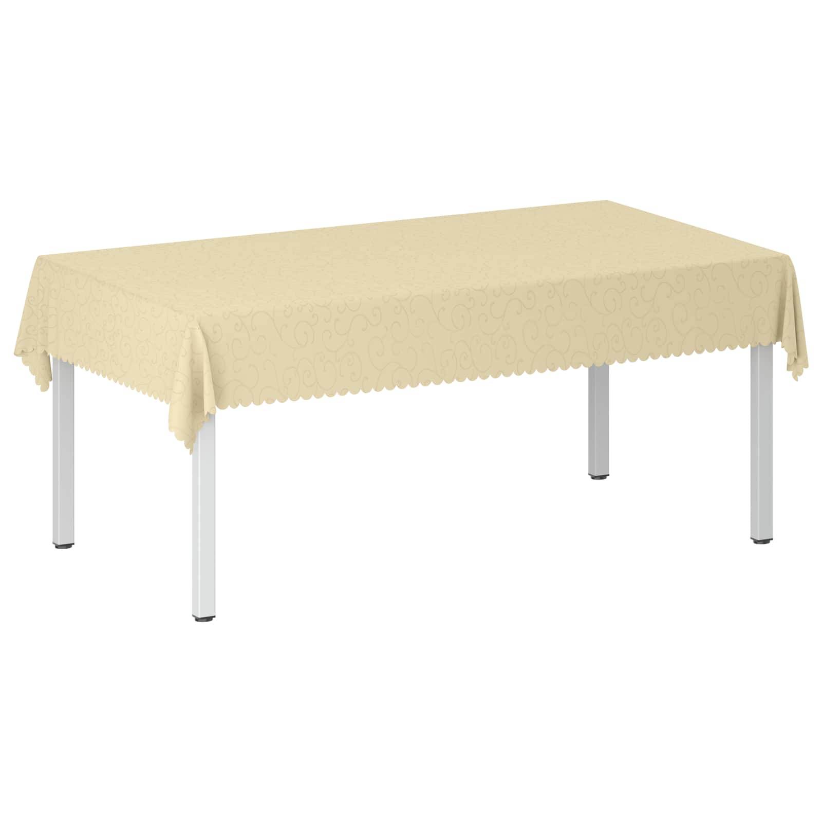 Rechteckiger Tisch mit beige Tischdecke auf vier Metallbeinen, freigestellt auf weißem Hintergrund.