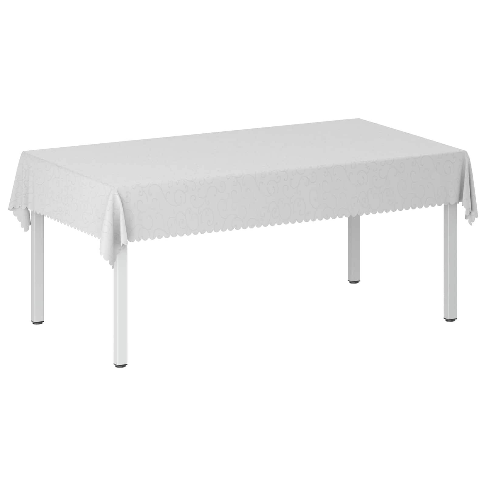 Rechteckiger Tisch mit einer weißen Tischdecke, die über die Kanten hängt.