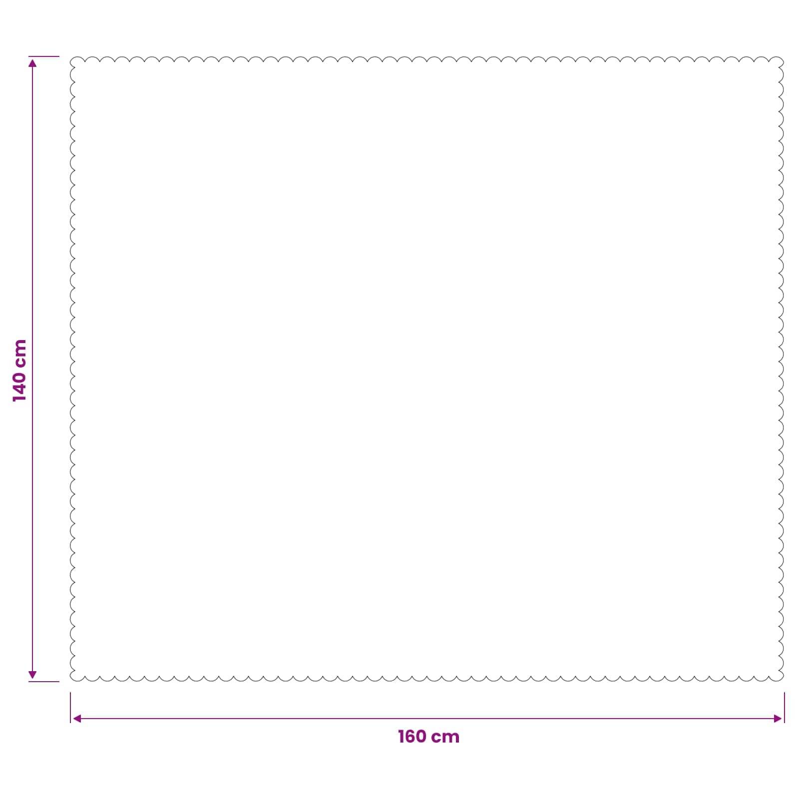 Leeres rechteckiges Blatt mit Bogenkante, beschriftet 140 cm hoch und 160 cm breit.