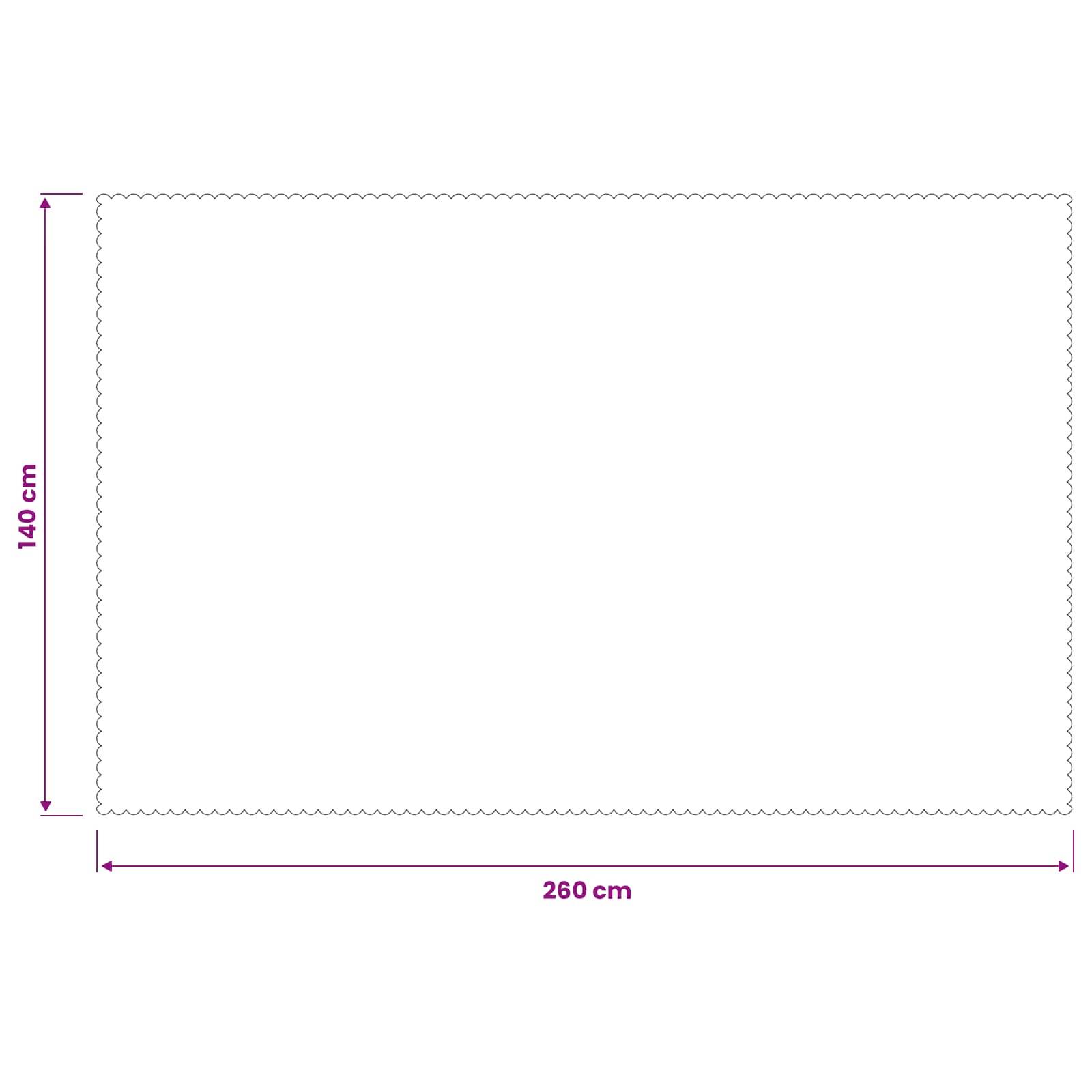 Leere rechteckige Matte oder Blatt mit gewellten Kanten, beschriftet 260 cm breit und 140 cm hoch.