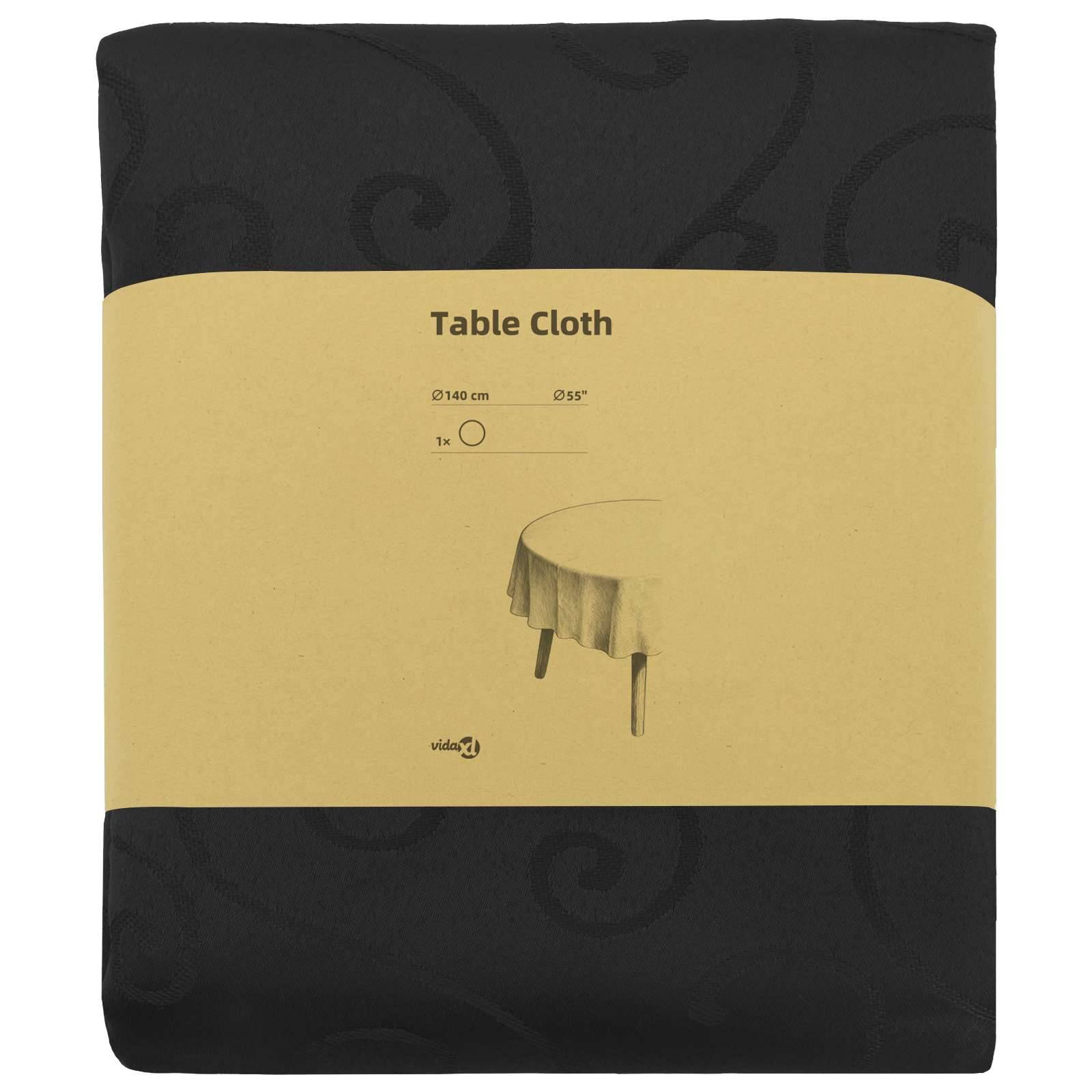 Verpackte schwarze Tischdecke mit beigem Etikett mit der Aufschrift „Table Cloth