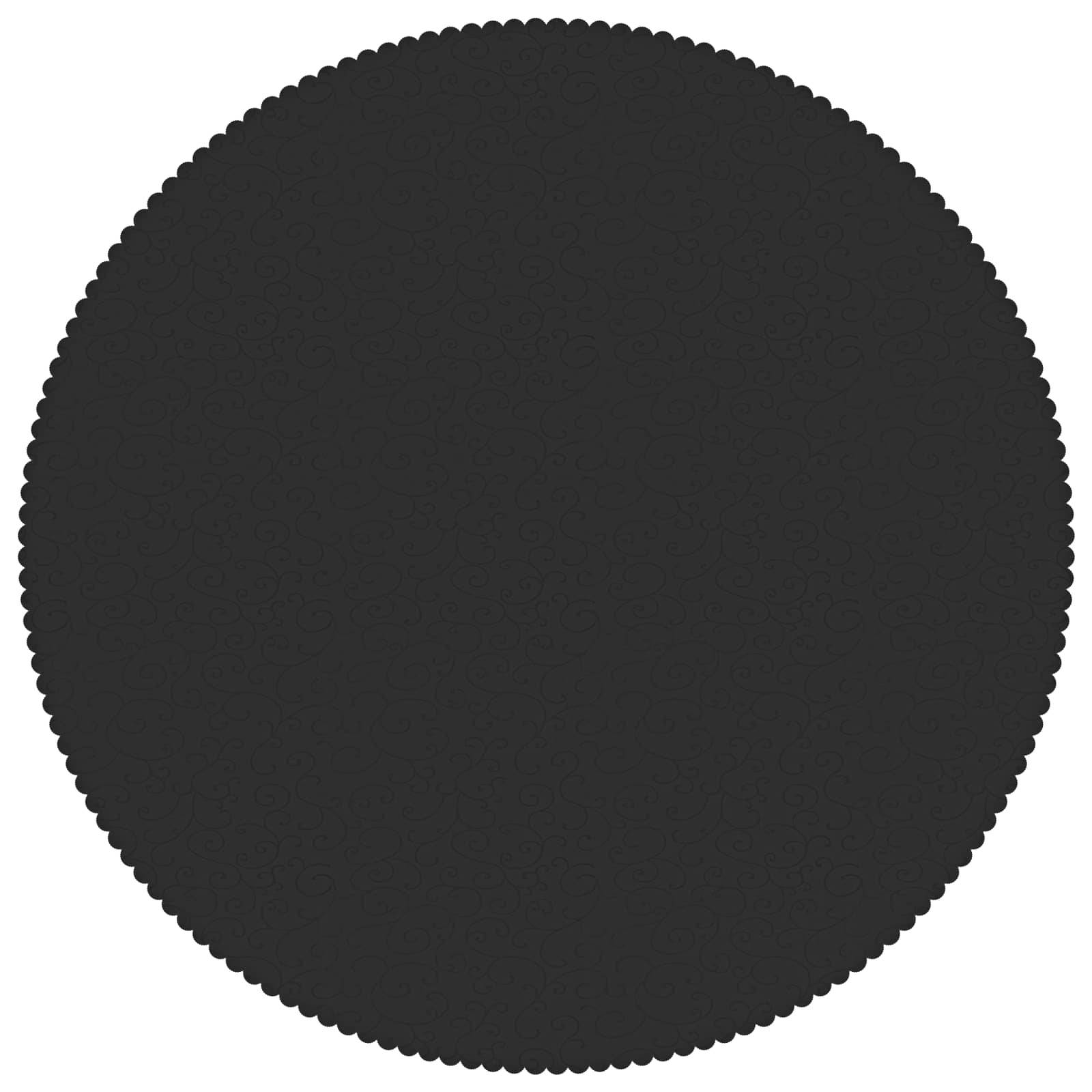 Dunkle kreisförmige dekorative Grafik mit einer gewellten Kante auf weißem Hintergrund.