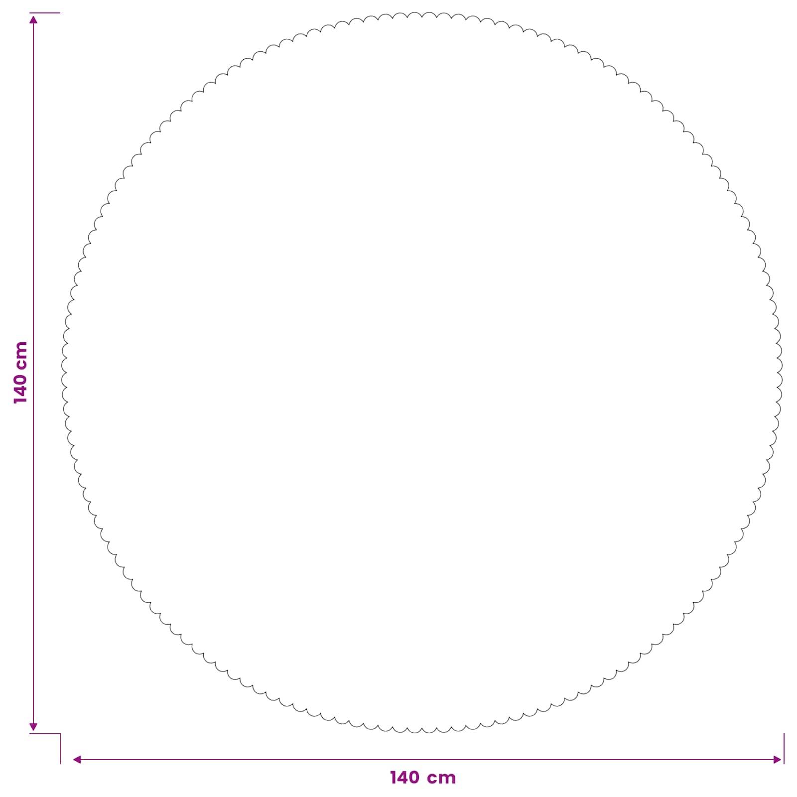 Kreisförmiges gezacktes Umrissdiagramm mit der Bezeichnung 140 cm hoch und 140 cm breit, das eine große runde Form mit gleichen Abmessungen zeigt.