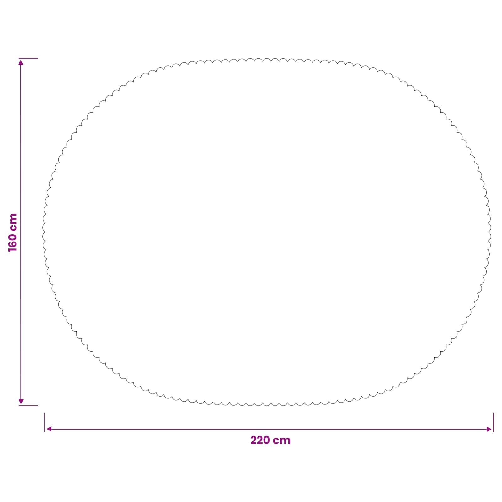 Ovale Matte mit Wellenkanten und beschrifteten Maßen: 220 cm breit und 160 cm hoch.