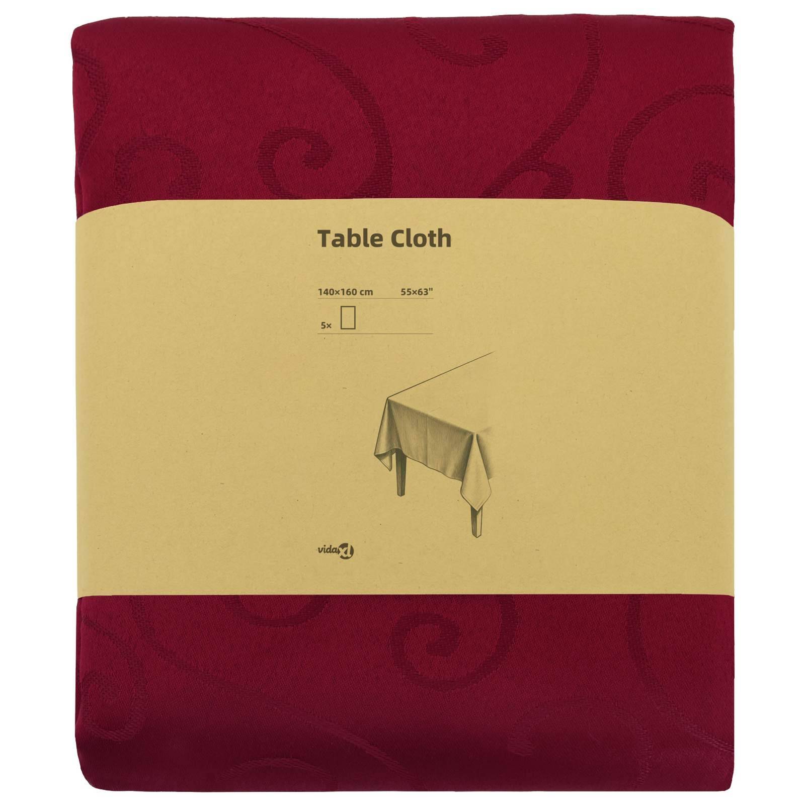 Verpackte burgunderfarbene Tischdecke mit einem beigefarbenen Etikett, das einen von Stoff bedeckten Tisch zeigt, sowie den Text „Table Cloth