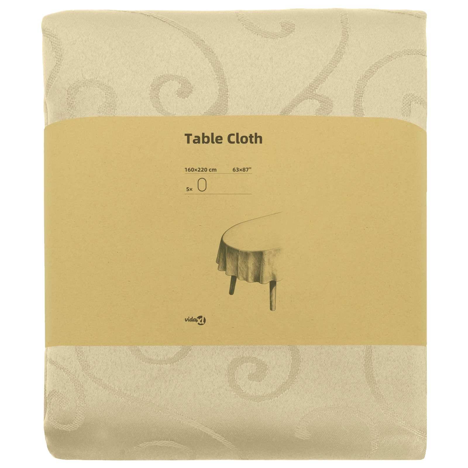 Verpackte beige Tischdecke mit subtlem Wirbelmuster und Etikett mit Aufschrift „Table Cloth
