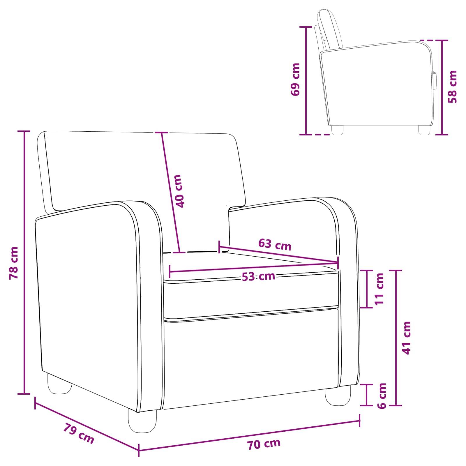 Maßzeichnung eines Sessels mit Vorder-, Seiten- und Draufsicht-Ansichten, einschließlich Gesamthöhe 78 cm, Breite 70 cm, Tiefe 79 cm sowie Sitz- und Armlehnen-Abmessungen.