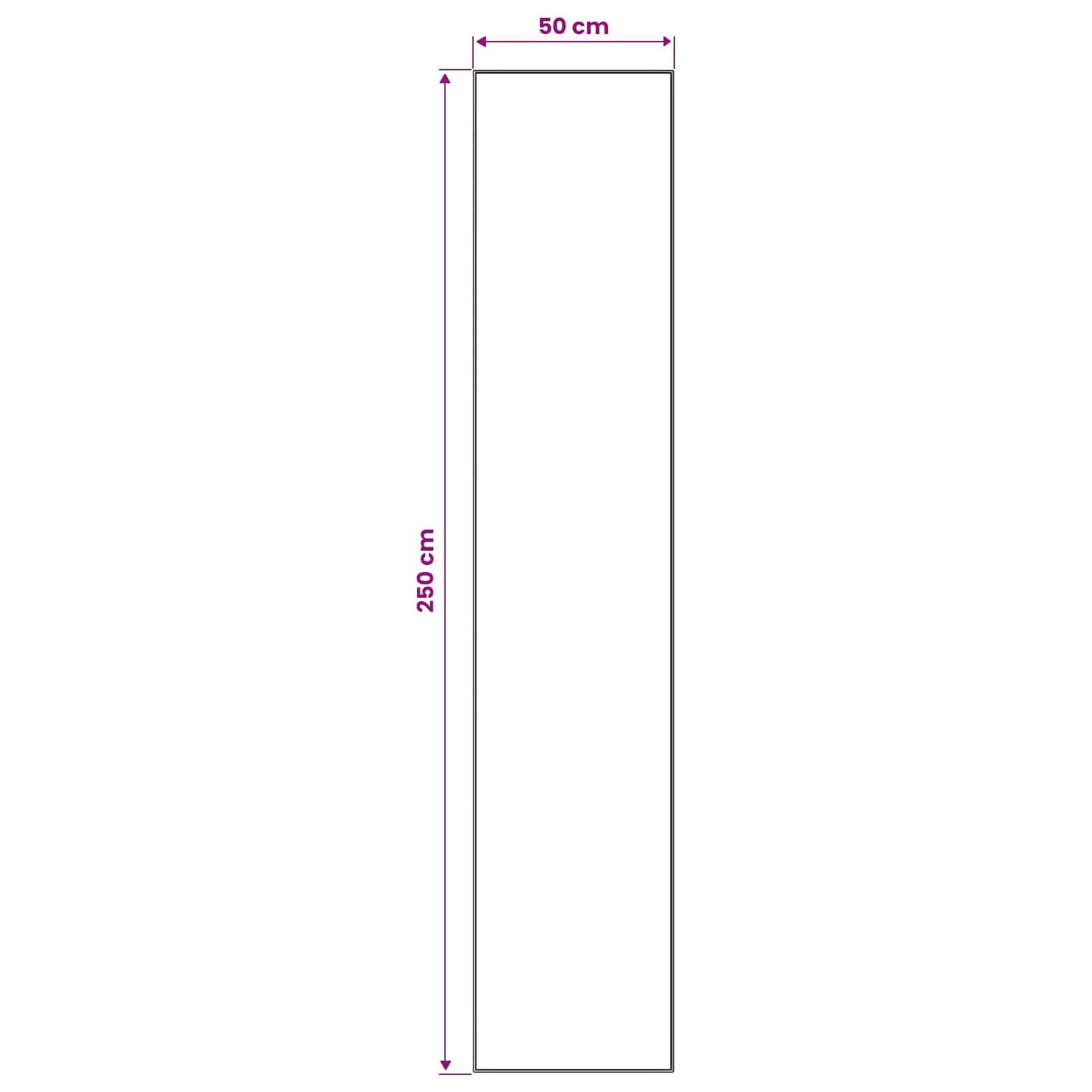 Ein hohes, schmales Rechteck-Diagramm mit einer Breite von 50 cm und einer Höhe von 250 cm beschriftet.