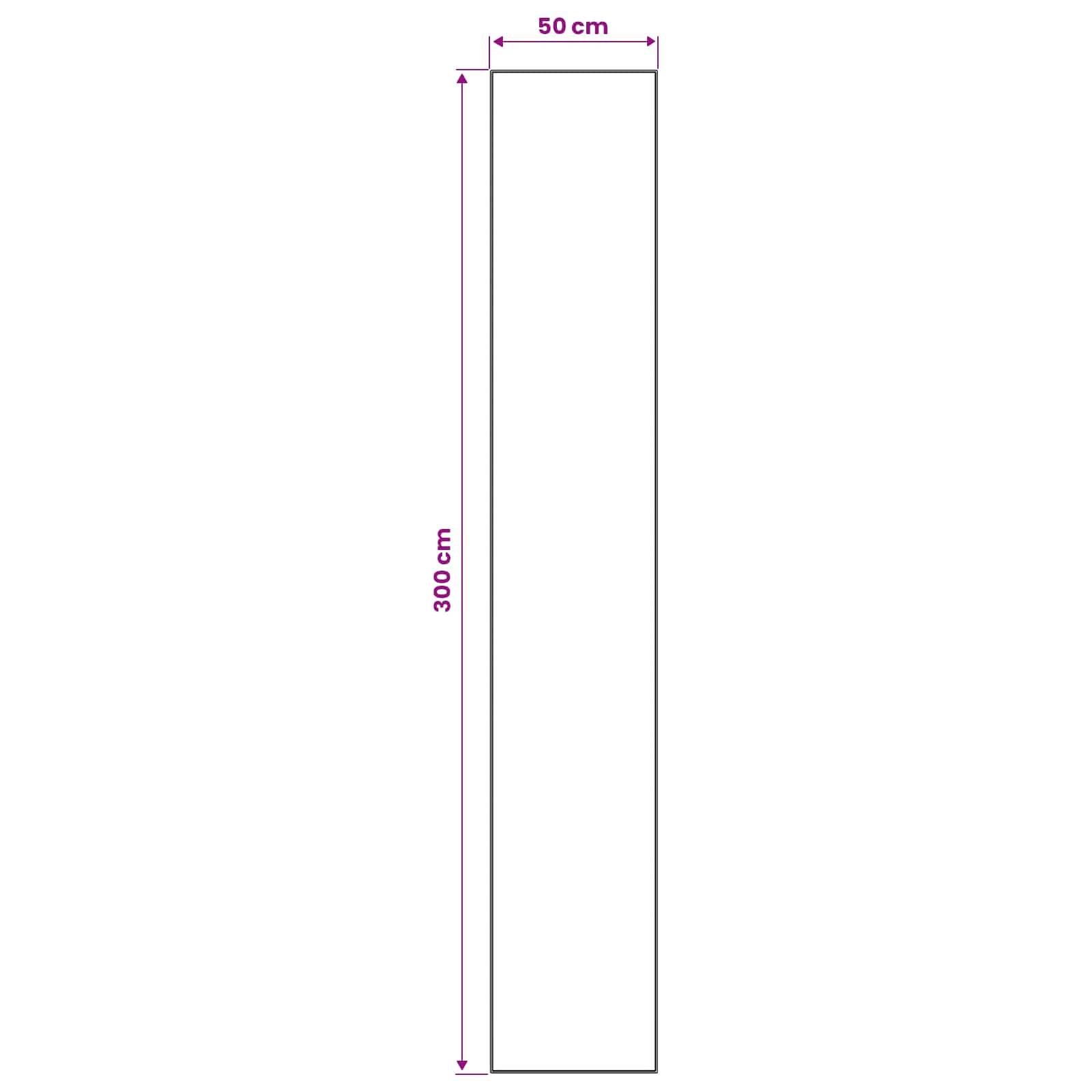 Vertales Rechteckdiagramm mit einer Breite von 50 cm und einer Höhe von 300 cm, das eine hohe, schmale Form mit Maßpfeilen zeigt.