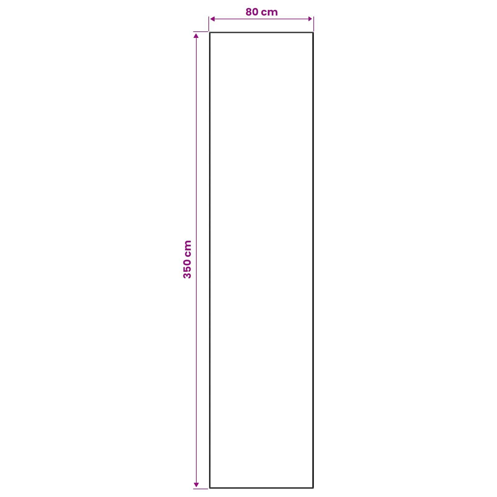 Hohes, schmales Rechteck-Diagramm mit der Bezeichnung 80 cm breit und 350 cm hoch, das ein vertikales Panel oder Banner mit seinen Abmessungen zeigt.