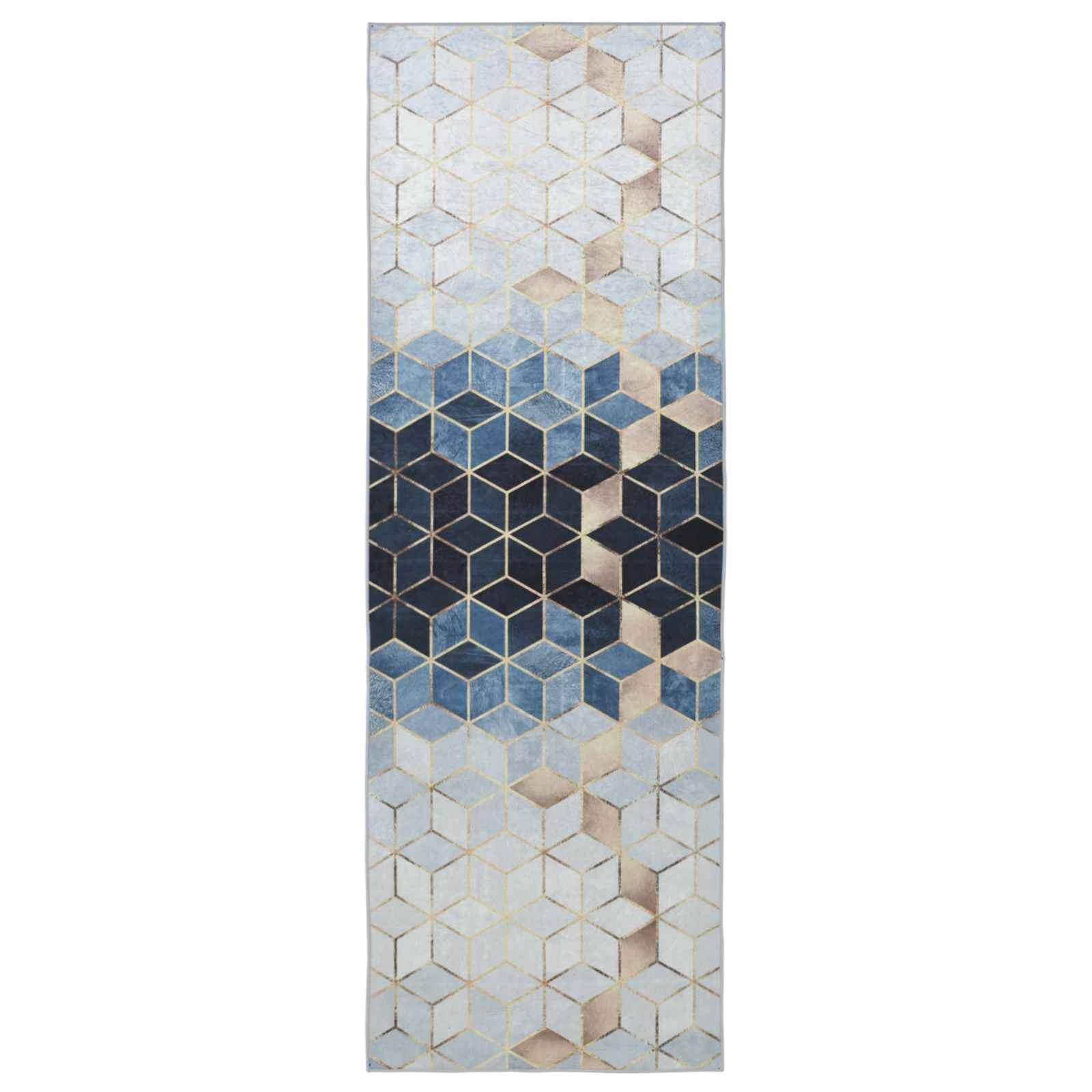 Vertikales abstraktes geometrisches Muster aus verschachtelten Würfeln in Blau, Beige und Weiß mit einem dunkelmarineblauem Band in der Mitte.