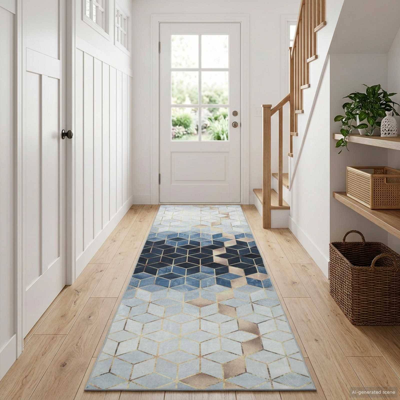 Heller Flur mit weißer Tür, Holztreppe und Regalen, mit einem langen blau-beigen geometrischen Läufer auf hellem Holzboden.