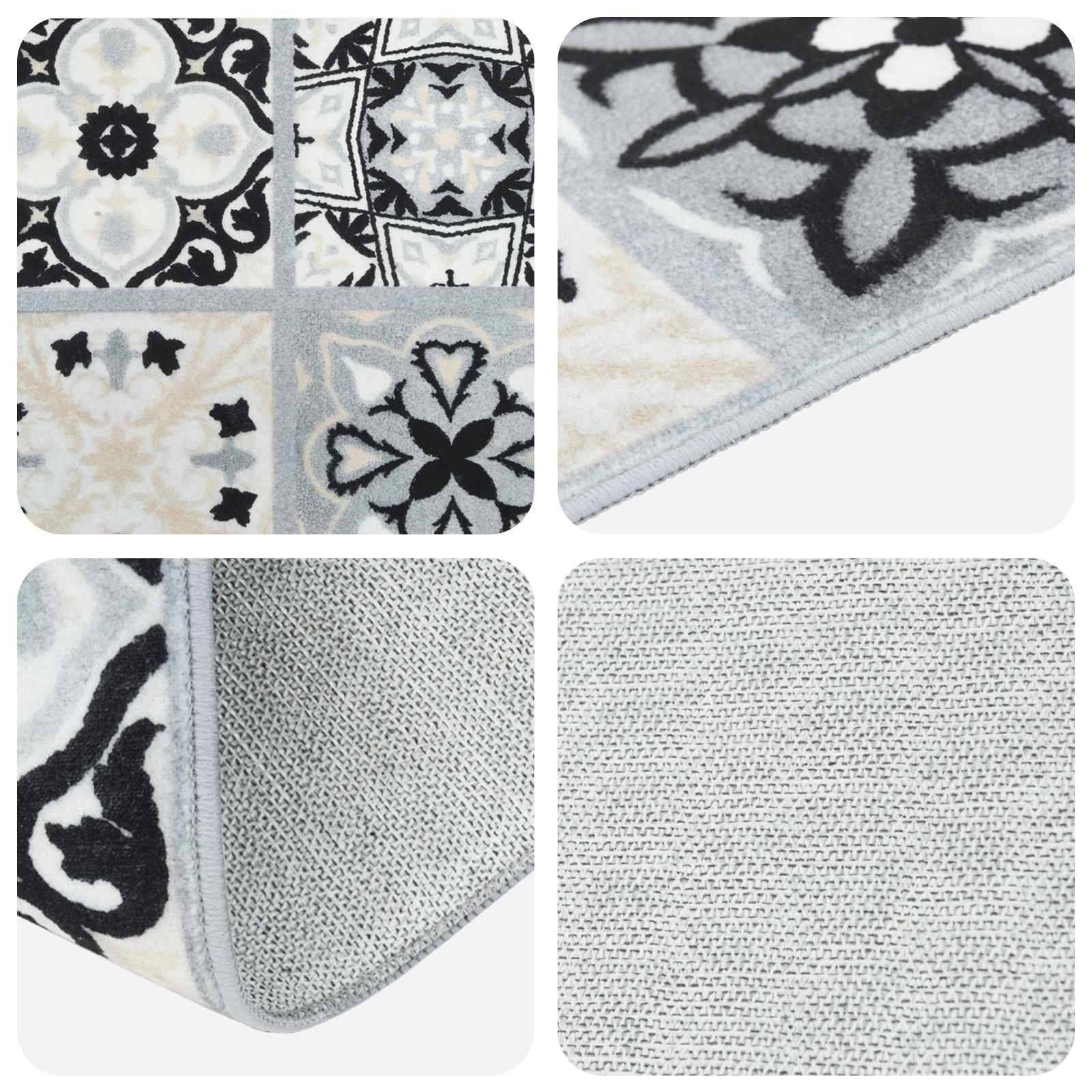 Nahaufnahmen-Collage eines grau und schwarz gemusterten Teppichs mit Darstellung der Blumenmotive, der Eckenumrandung und der gewebten Rückseite-Textur.