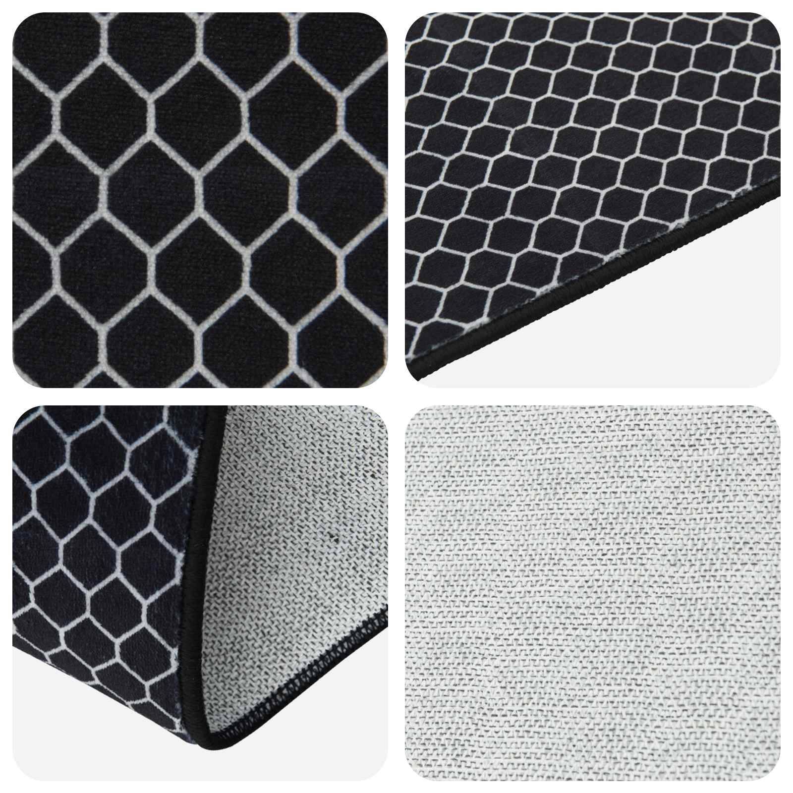 Nahaufnahme-Produktcollage aus schwarzweißem Webstoff mit Sechskantmuster und strukturiertem hellgrauem Hintergrund, zeigend Materialdetails und Kanten.