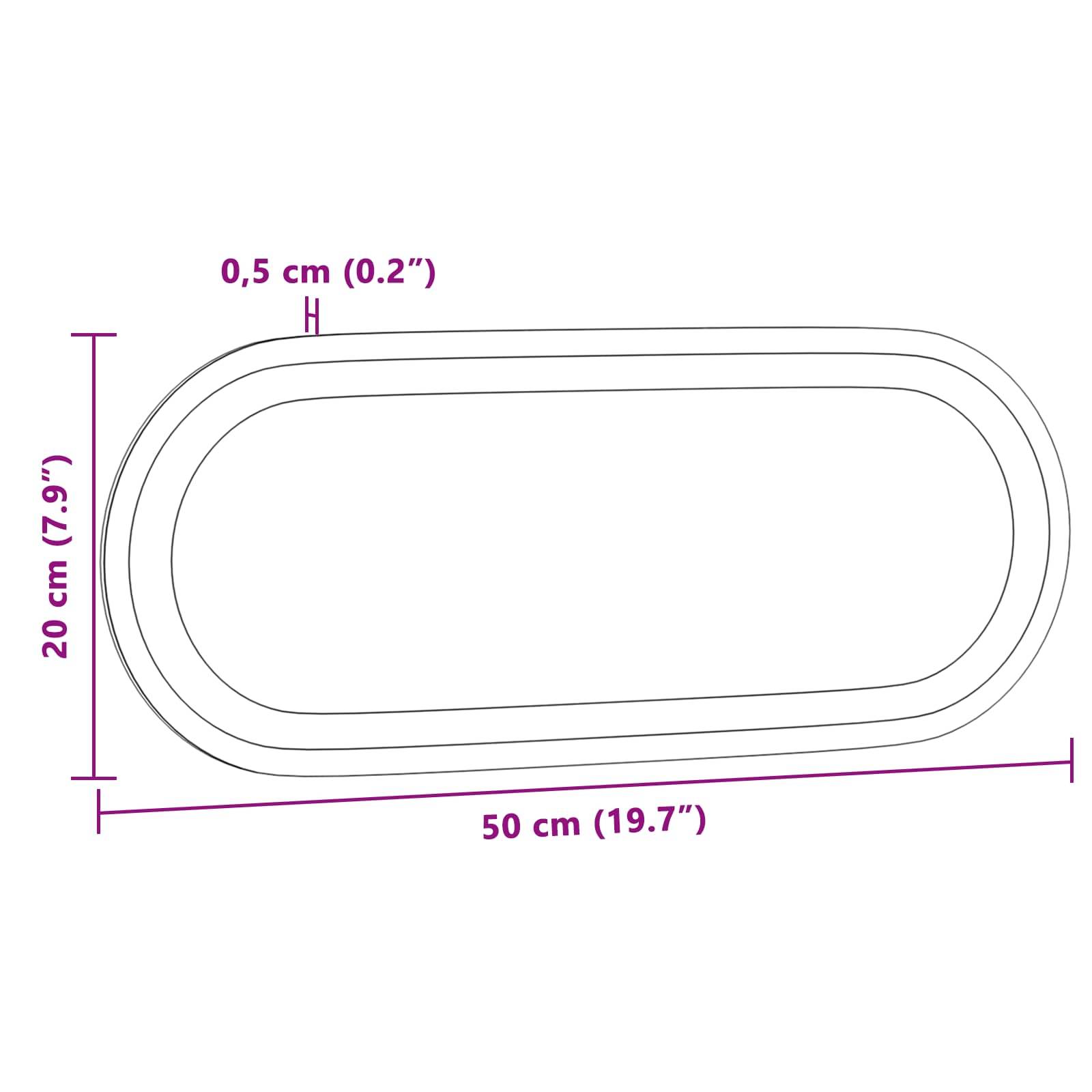 Oval-Diagramm mit abgerundeten Rechtecken und Maßangaben: 50 cm (19,7 Zoll) lang, 20 cm (7,9 Zoll) hoch, mit 0,5 cm (0,2 Zoll) Randdicke.