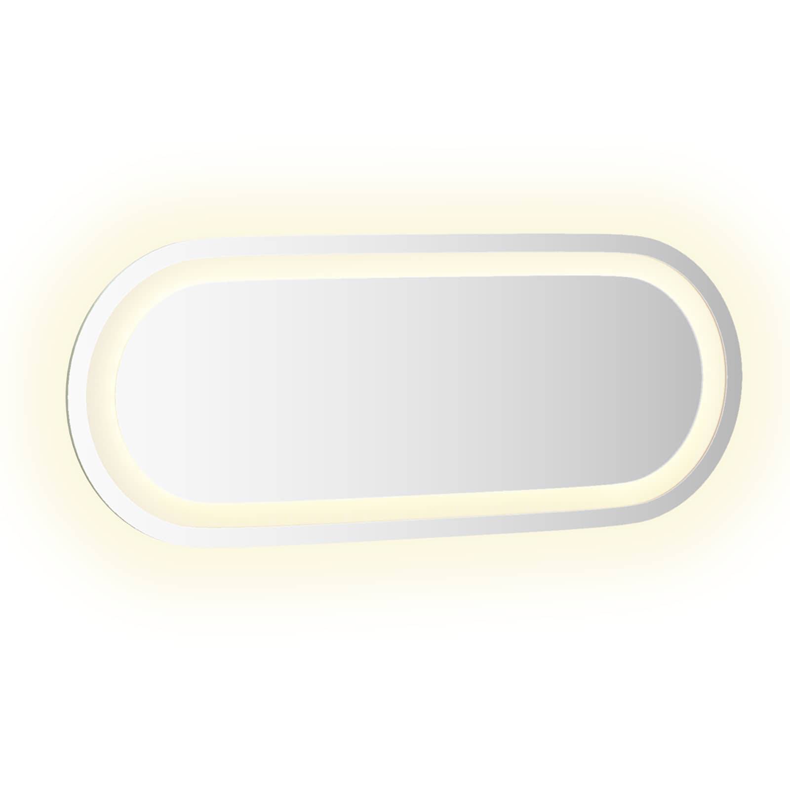 Abgerundeter pillenförmiger Knopf mit leerem Feld, hellgrauem Rand und sanftem gelbem Glühen auf weißem Hintergrund.