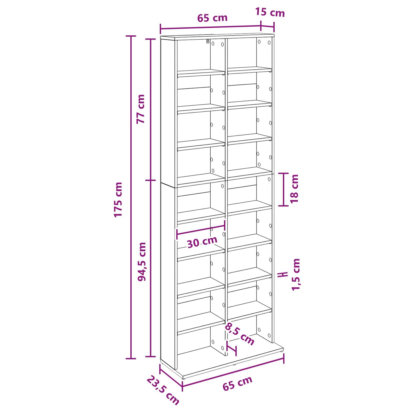 Hohes, schmales Regalelement mit Abmessungen: 175 cm hoch, 65 cm breit, 23,5 cm tief, mit in Zentimetern gekennzeichneten Regal-/Abschnittsmessungen.